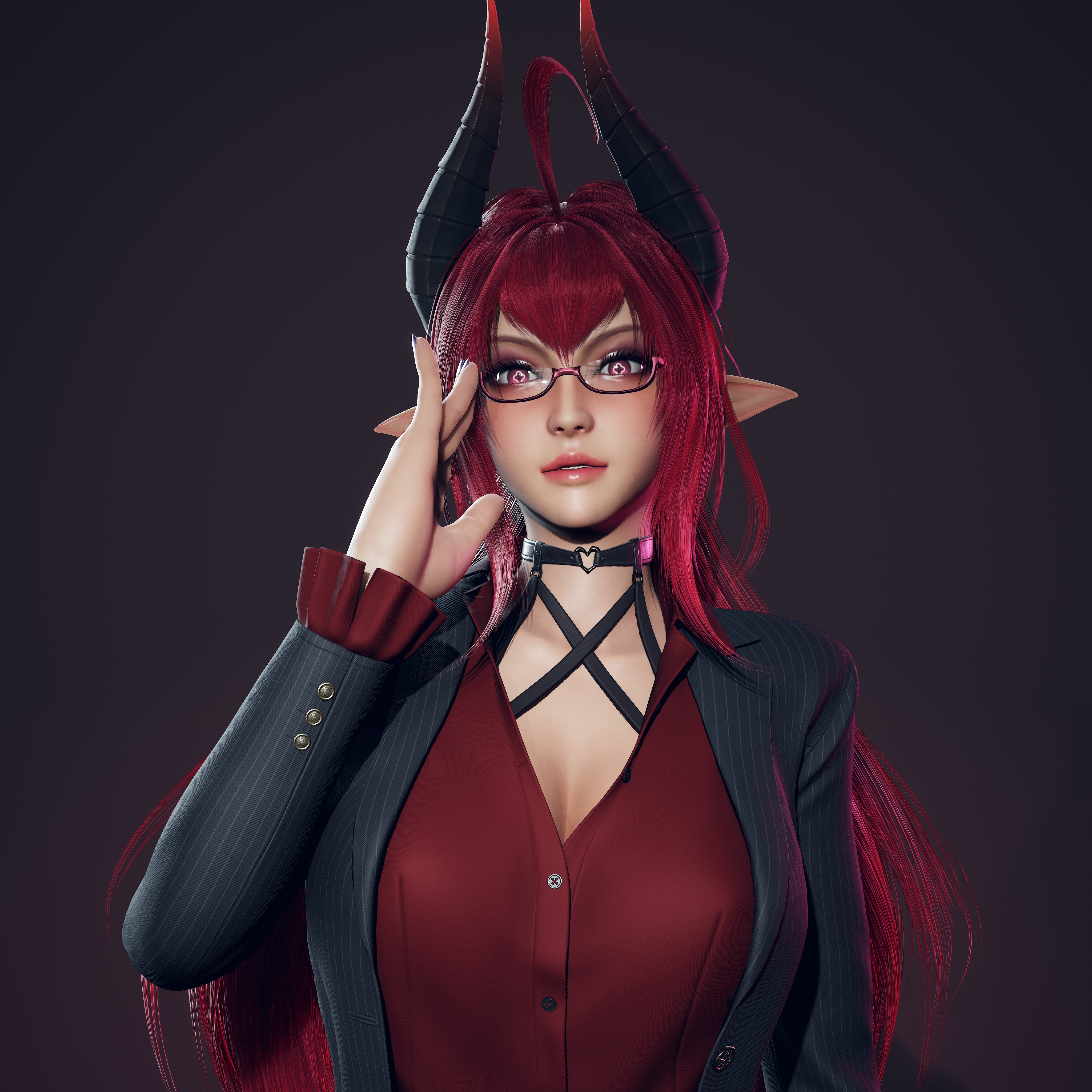 1girls, 3d, 3d (artwork), adjusting glasses, ahoge, blush, breasts, business suit, button down shirt, choker, cleavage, clothed, clothed female, dark background, demon, demon girl, female, female only, front view, glasses, glowing eyes, hi res, horns, long hair, office lady, open jacket, original, original character, pointy ears, red eyes, red hair, ryanreos, sinia, succubus, succubus horns, suit jacket, tail, upper body