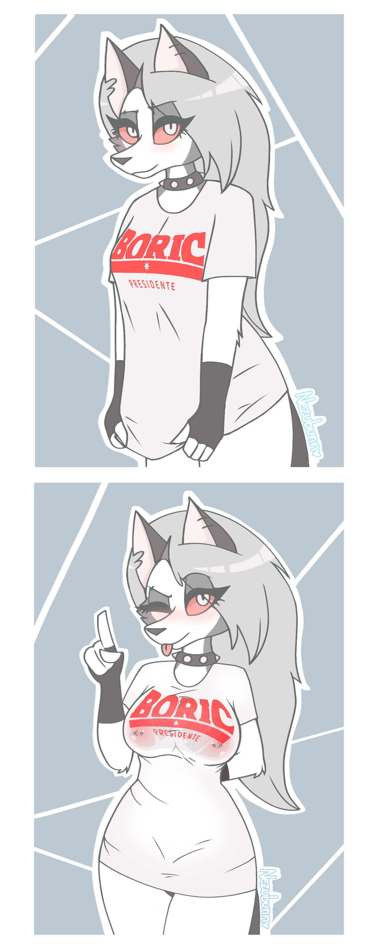 absurd res, anthro, baggy clothing, big breasts, blush, breasts, canid, canid demon, canine, canis, choker, clothing, demon, erect nipples, female, fingerless gloves, fur, gloves, handwear, hellhound, helluva boss, hi res, jewelry, looking at viewer, loona (helluva boss), mammal, necklace, nervous, nezubunn, nipple piercing, nipples, one eye closed, piercing, solo, solo focus, tight clothing, tongue, tongue out, wet, wet clothing, white body, white fur, wink, winking at viewer, wolf