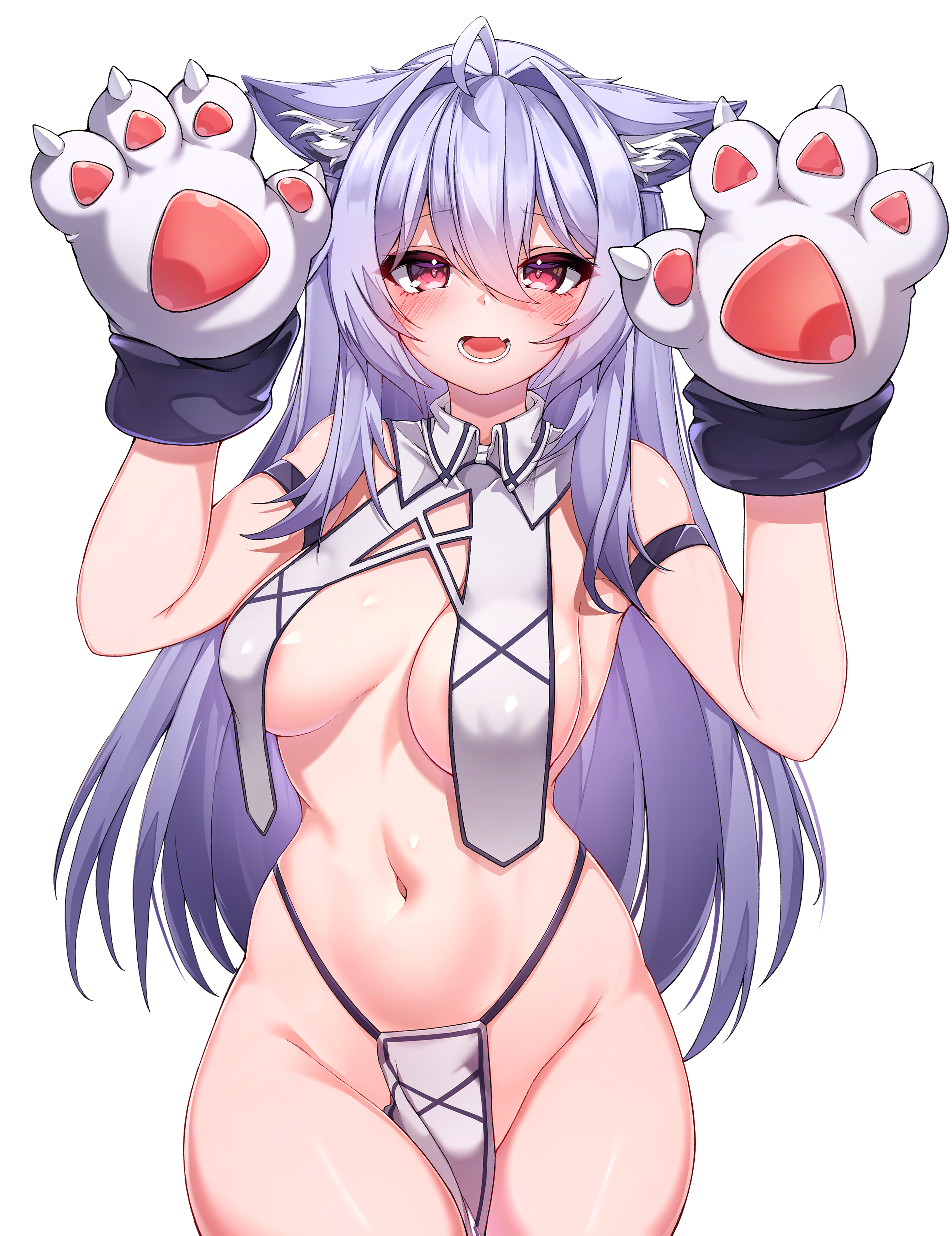 5danny1206, absurdres, ahoge, animal ear fluff, animal ears, animal hands, areola slip, areolae, blush, breast curtains, breasts, eyebrows visible through hair, female, gloves, hair between eyes, hands up, highres, long hair, looking at viewer, medium breasts, navel, oerba yun fang, open mouth, original, paw gloves, paws, purple hair, red eyes, simple background, smile, solo, teeth, thighs, white background, white gloves