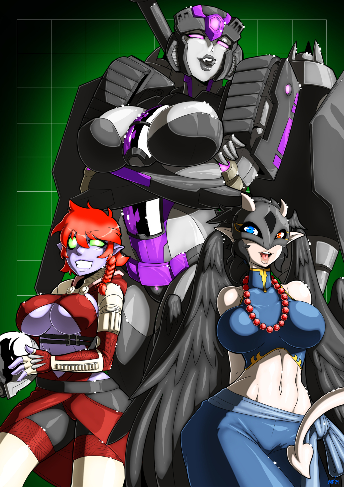 3girls, alien, alien girl, big breasts, bioware, blue eyes, breasts, cleavage, crossover, cybertronian, digimon, digimon (species), fangs, female, female focus, female only, fully clothed, green eyes, grid background, hasbro, heterochromia, hourglass figure, hybrid, large breasts, mad-project, mass effect, midriff, multiple females, multiple girls, no pupils, oc, original character, original characters, pinup, posing, purple eyes, quarian, seductive, seductive look, seductive smile, size difference, smirk, tail, takara tomy, thick, thick thighs, transformers, underboob, yellow eyes