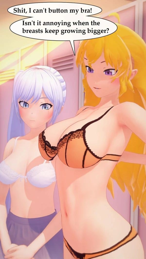 2girls, 3d, arms behind back, big breasts, blonde hair, bra, breast envy, breasts, english text, female, huge breasts, jealous, lingerie, nyxxzeiss, rwby, text, underwear, weiss schnee, white hair, yang xiao long