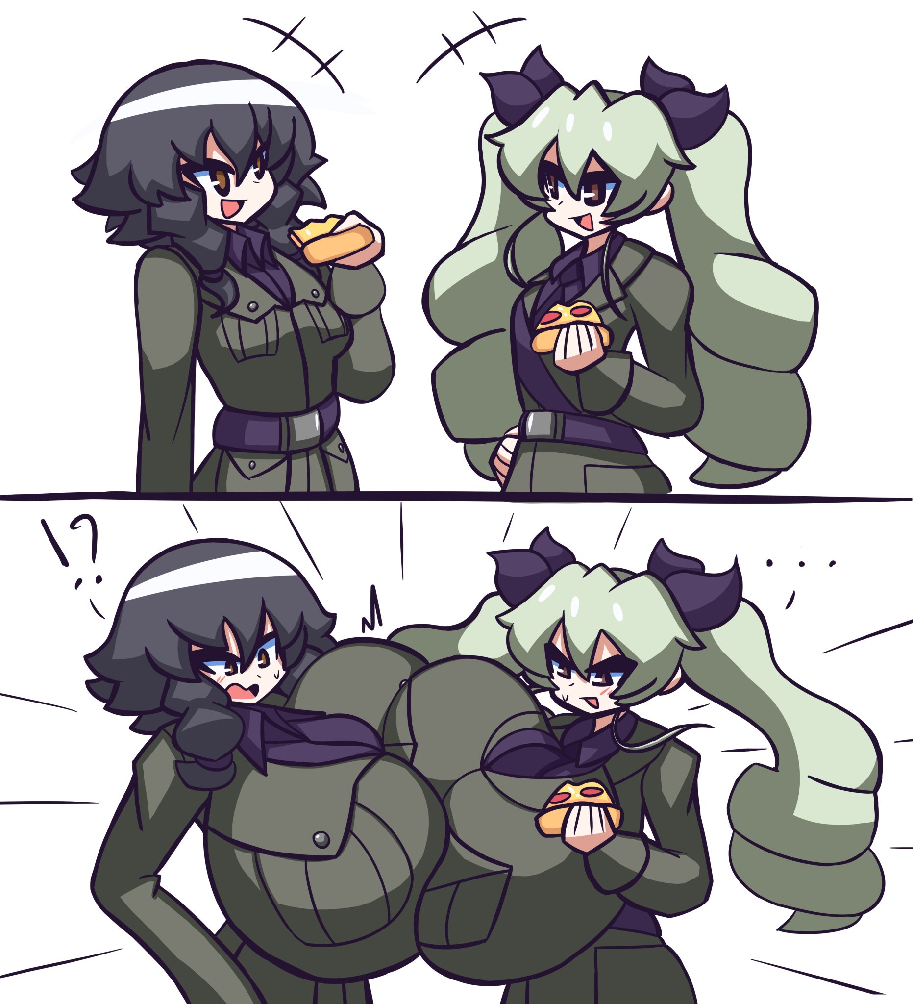 2021, 2girls, anchovy (girls und panzer), big breasts, breast expansion, breast growth, breast growth (enlargement), breasts, female, gensin, gigantic breasts, girls und panzer, huge breasts, massive breasts, pepperoni (girls und panzer), pizza, tagme, voluptuous