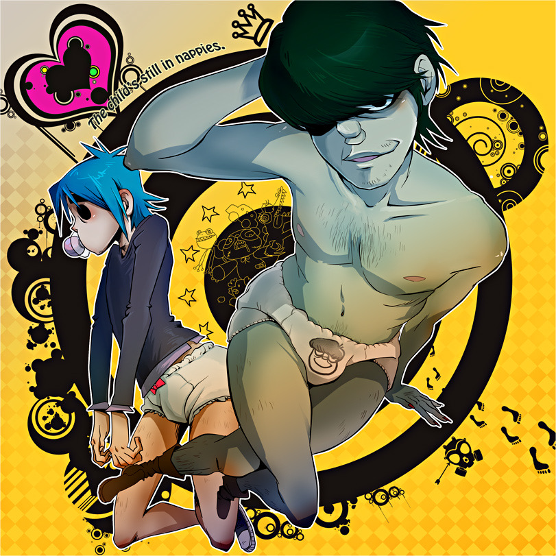 2boys 2d_(gorillaz) bangs_over_eyes blue_hair body_hair chest_hair converse_shoes cowboy_boots diaper diaper_only english_text gorillaz green_skin hair_over_one_eye infantilism long_sleeves looking_at_viewer male male_only murdoc_niccals no_pants no_shirt pacifier topless what