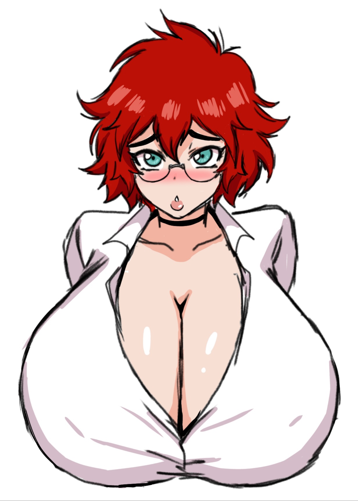1girls, big penis, blush, breasts, clothed, clothed female, enormous breasts, female, female only, gigantic breasts, huge breasts, large breasts, looking at viewer, male, massive breasts, maxine (balak), momiji (artist), original character, penis, red hair, short hair, solo