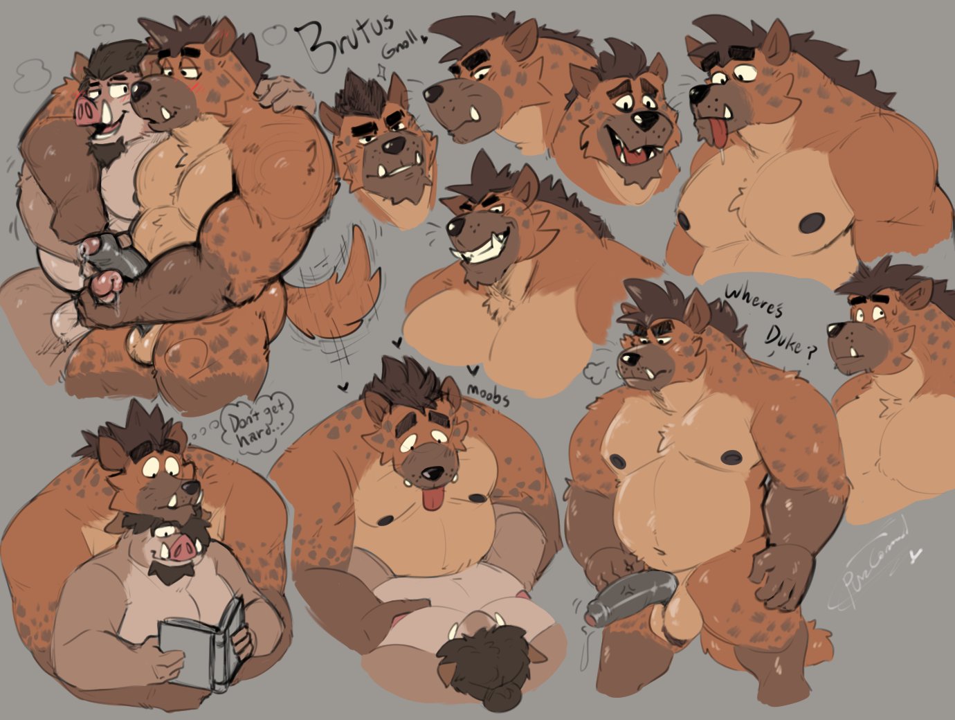 2021 anthro balls belly book duo embrace erection genitals gnoll handjob hug hugging_from_behind humanoid_hands hyaenid male male/male male_only mammal moobs multiple_poses nipples overweight overweight_male penile penis pose pure_command reading sex suid suina sus_(pig) wild_boar