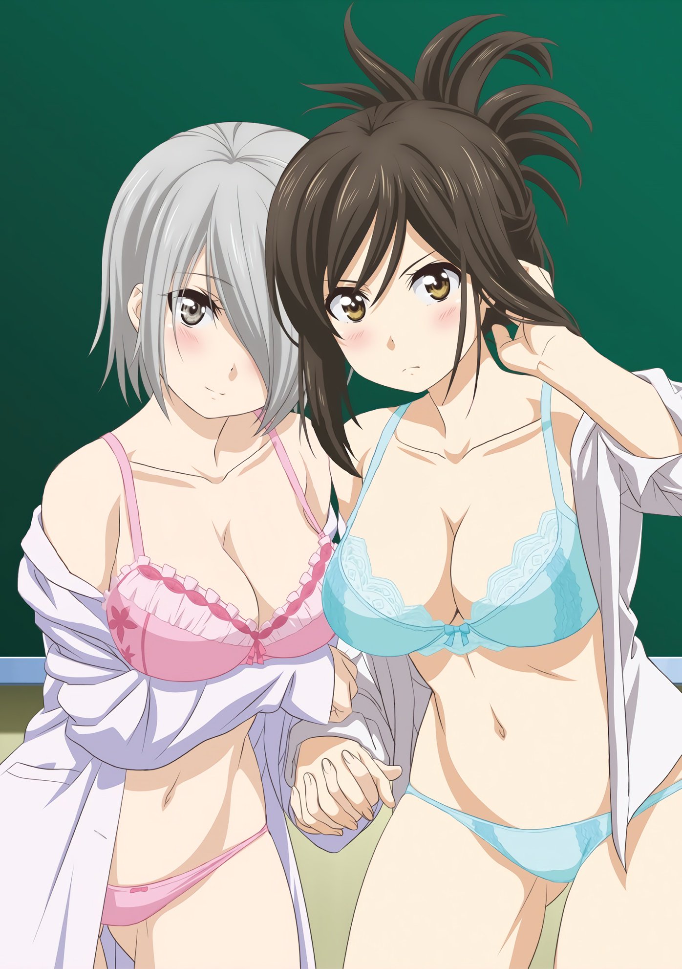 10s, 2girls, blue panties, blush, bra, breasts, brown eyes, brown hair, chalkboard, cleavage, collarbone, female, folded ponytail, gluteal fold, grey eyes, groin, hair over one eye, highres, holding hands, indoors, interlocked fingers, kojima kana, large breasts, long hair, looking at viewer, multiple females, multiple girls, nande koko ni sensei ga!?, navel, official art, open clothes, open shirt, panties, sensei, shirt, short hair, silver hair, standing, stomach, tachibana chizuru (nande koko ni sensei ga!?), teacher, thigh gap, underwear