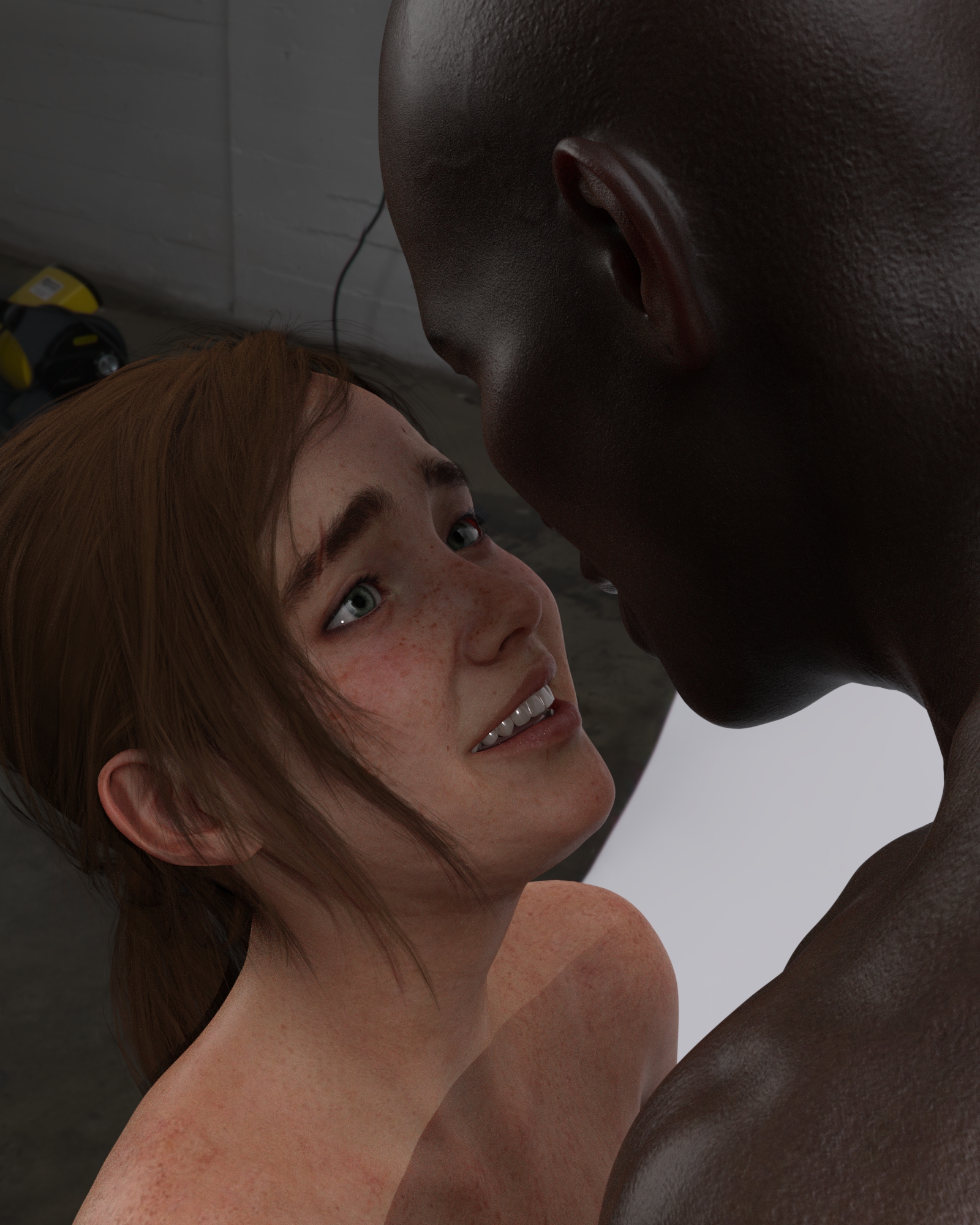 1boy, 1girls, 3d, 3d (artwork), arm tattoo, blue eyes, brown hair, caucasian, couple, cute, dark skin, dark-skinned male, ellie (the last of us), ellie williams, embrace, eyebrow cut, eyebrow slits, female, freckles, ginger, green eyes, happy, hugging, implied sex, implied vaginal, interracial, lesbian conversion, lesbian with male, light skin, light-skinned female, male, naughty dog, nude, offscreen sex, orientation play, orientation play (lore), pale skin, pale-skinned female, petite, ponytail, pussy, rendx, romantic, romantic couple, skinny, slim, smile, standing sex, tattoo, tattoo on arm, tattooed arm, teenager, the last of us, tied hair, tomboy, young