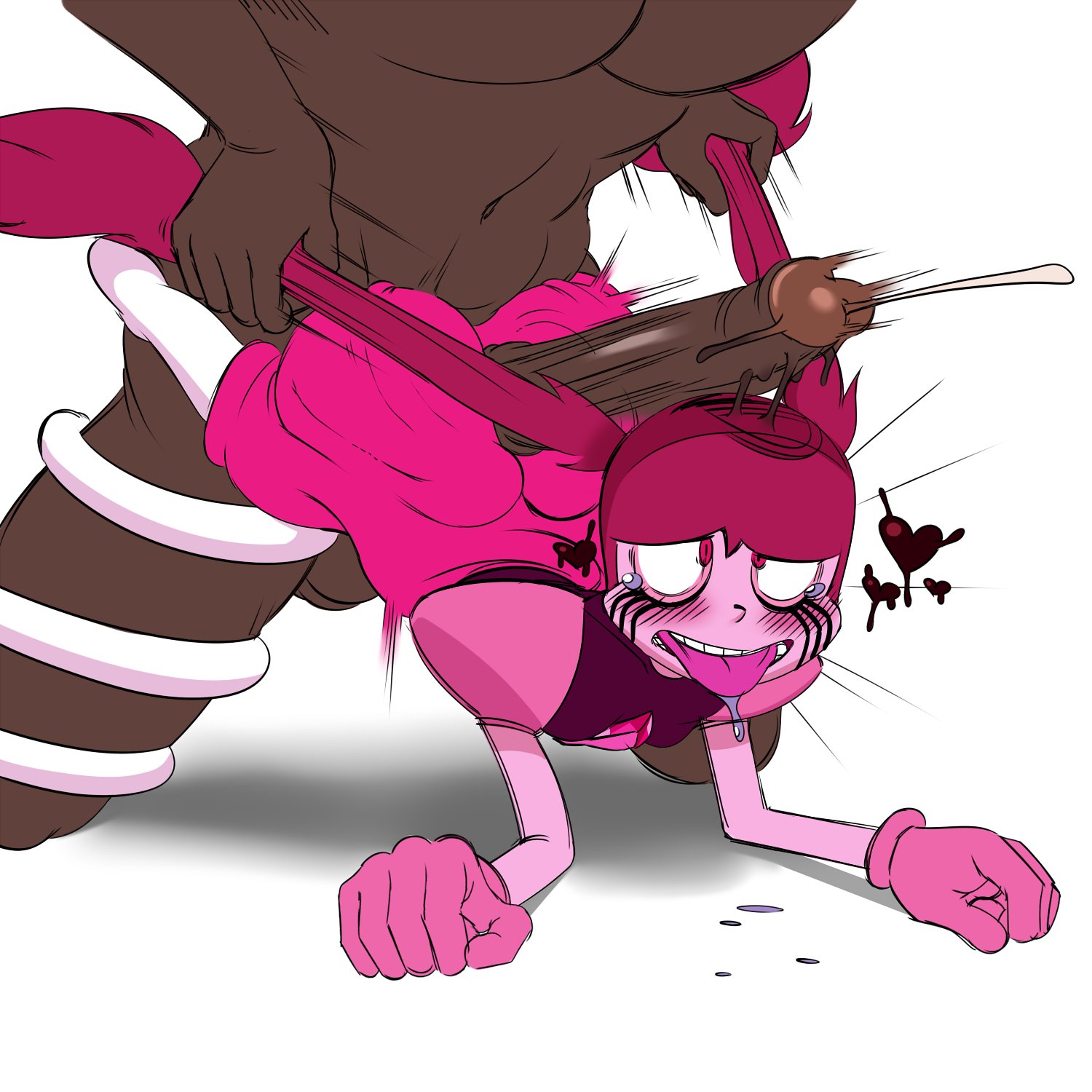 1boy, 1girls, ahe gao, ass, assjob, buttjob, cartoon network, covered assjob, covered buttjob, dark skin, dark-skinned male, elastic, female, fucked silly, hair pull, incogneato, male, mascara tears, penis, pink hair, pink skin, rolling eyes, runny makeup, spinel (steven universe), steven universe, tears, tongue, tongue out, white background, wrapped around another