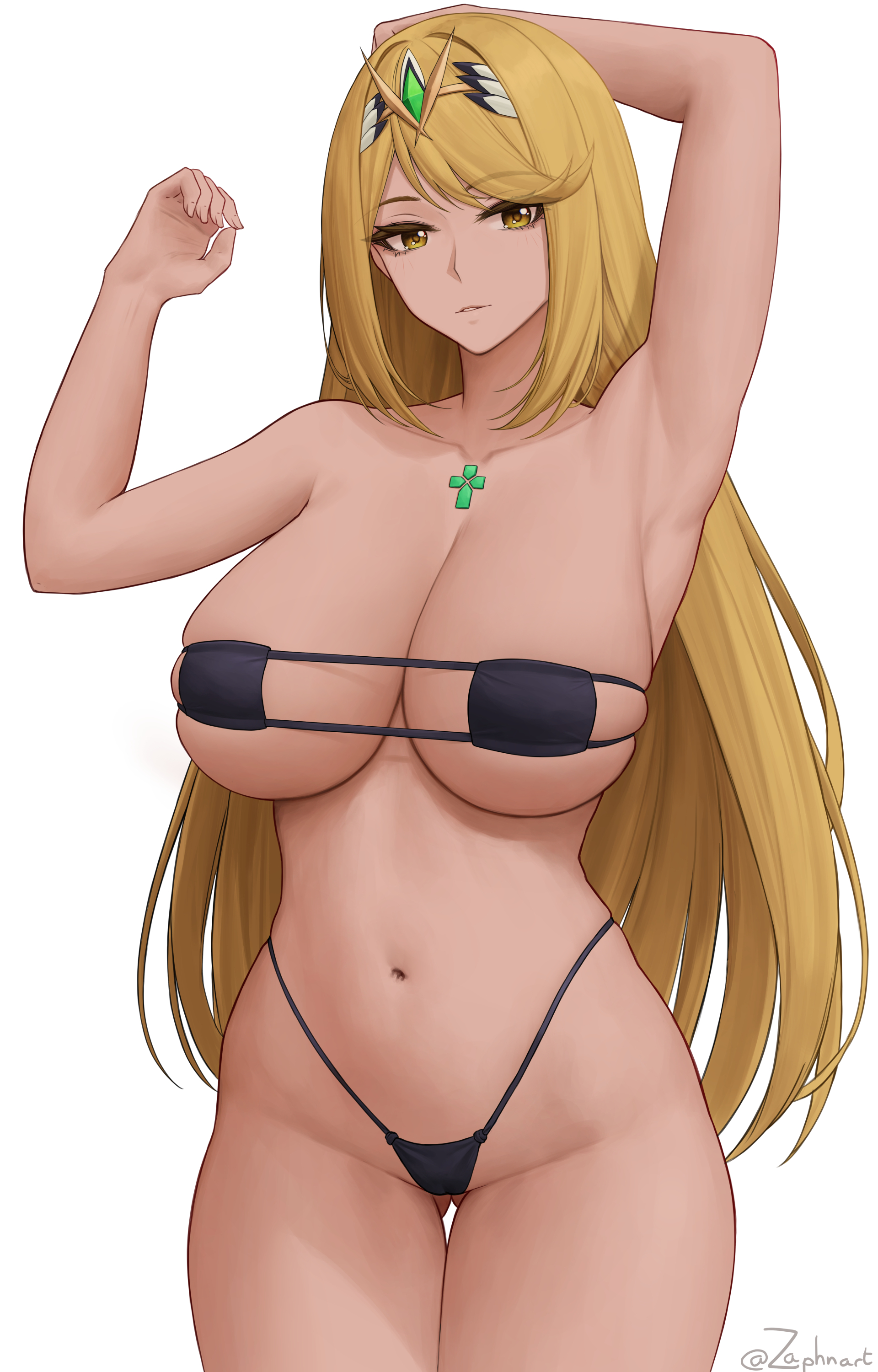 1girls, 2021, alternate breast size, armpits, arms above head, arms up, artist signature, bangs, bikini, black bikini, blonde hair, breasts, cleavage, core crystal, eyepatch bikini, female, female only, gold eyes, hair ornament, hi res, hips, huge breasts, long hair, looking at viewer, mythra, nintendo, simple background, slim waist, smile, swept bangs, thick thighs, thighs, tiara, wide hips, xenoblade (series), xenoblade chronicles 2, zaphn