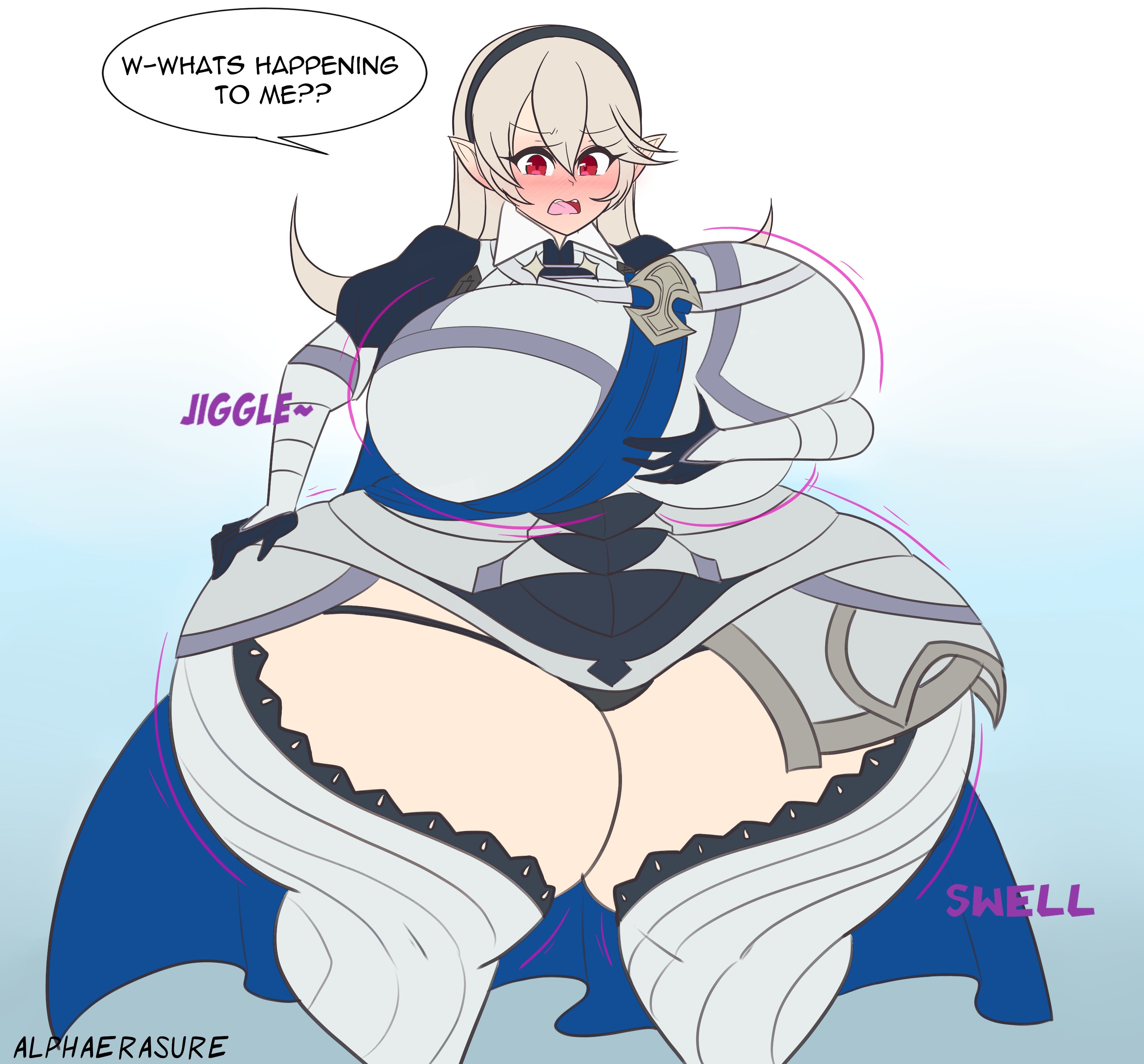 1girls, alphaerasure, armor, blush, body transformation, breast expansion, breast growth, breast growth (enlargement), breasts, corrin (fire emblem), corrin (fire emblem) (female), english text, expansion, female, female focus, figure transformation, fire emblem, fire emblem fates, hand on hip, hip expansion, hips, holding own breasts, hourglass figure, huge breasts, hyper, hyper hips, hyper thighs, jiggle, long hair, nintendo, pointy ears, red eyes, solo, speech bubble, surprised, surprised expression, swelling, text, thick thighs, thigh expansion, thighs, transformation, watermark, white hair, wide hips