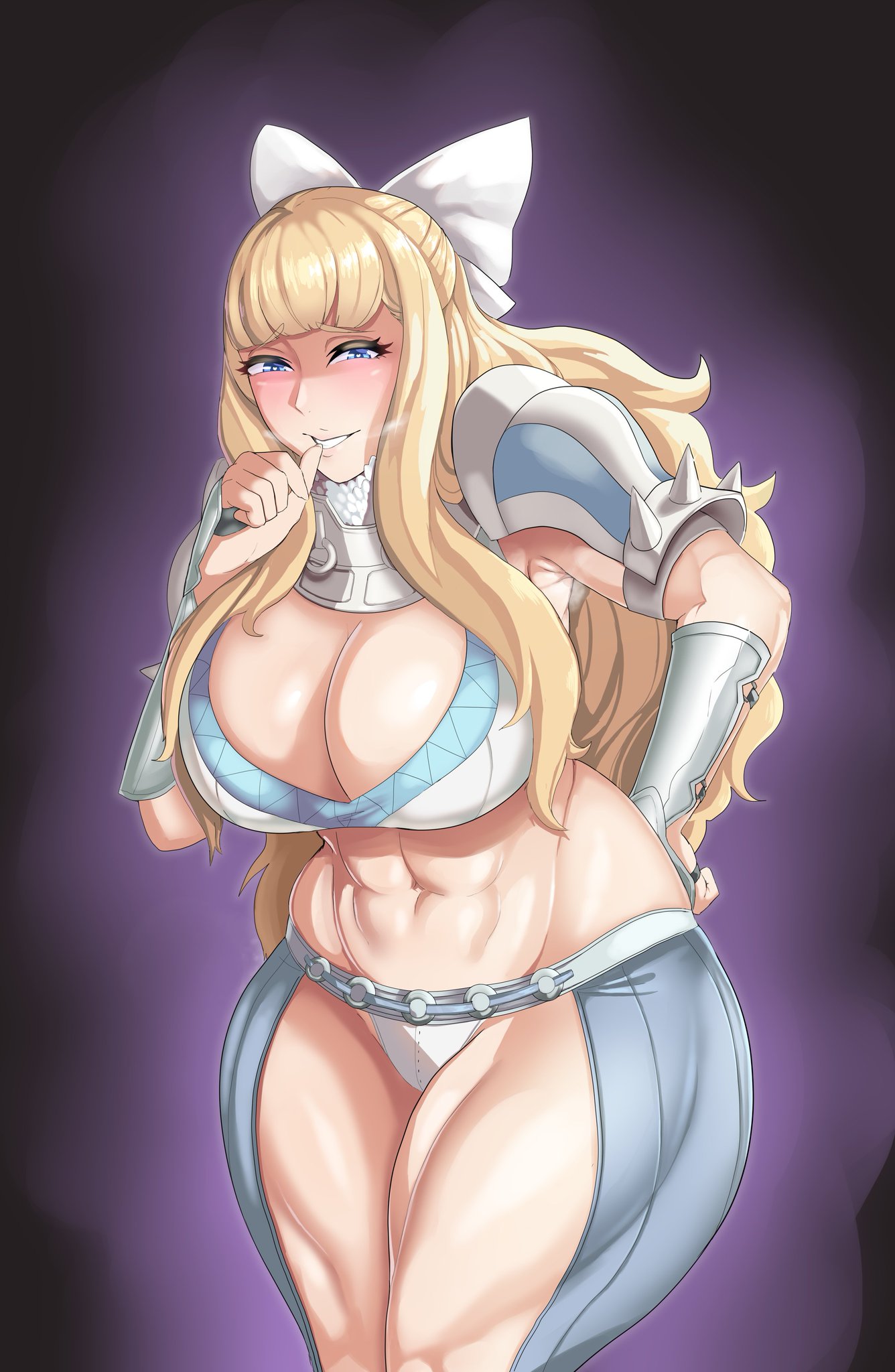 1girls, abs, bare thighs, big breasts, blonde hair, blue eyes, blush, blushing at viewer, breasts, charlotte (fire emblem), cleavage, eye contact, female, female only, fire emblem, fire emblem fates, hair ornament, hairbow, heart-shaped pupils, huge breasts, inner thighs, large breasts, light skin, light-skinned female, linkxs, long hair, looking at viewer, midriff, muscular, muscular female, navel, nintendo, panties, solo, thick thighs, thighs, thong, toned, toned female, voluptuous, white panties