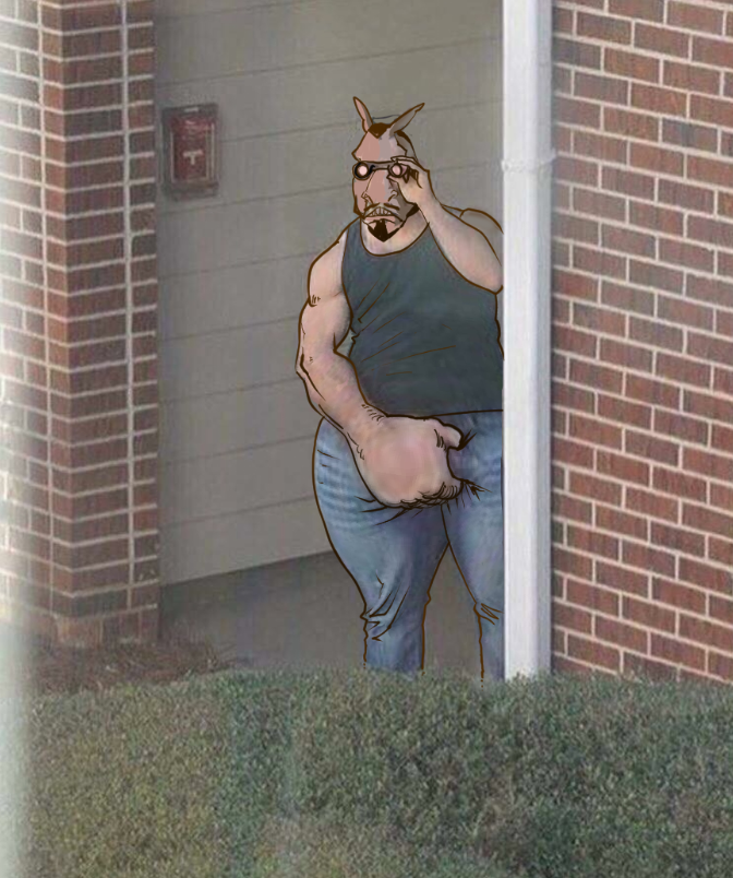 2021 anthro binoculars black_clothing black_shirt black_tank_top black_topwear bottomwear brick_wall brown_hair clothed clothing denim denim_clothing digital_media_(artwork) equid equine facial_hair fire_alarm front_view fully_clothed genitals hair horse jeans male mammal meme outside pants penis penis_grab photo_background reaction_image shirt sirartwork solo standing tank_top teeth topwear touching_crotch wall_(structure) wide_hips