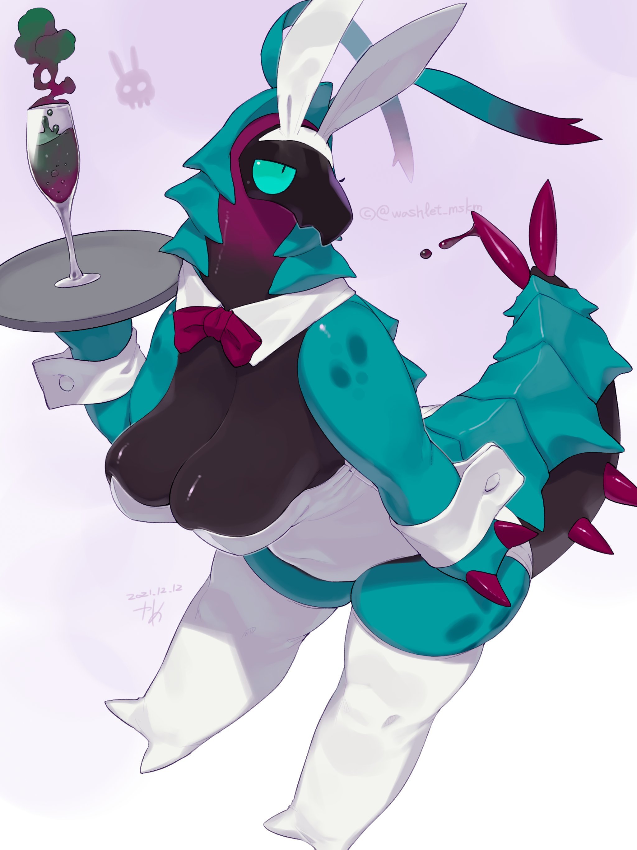 1girls, antennae (anatomy), arthropod, bebebebebe, bunny ears, bunnysuit, cleavage, detached collar, female, female only, glass, green eyes, green scales, insect girl, insects, kame 3, leotard, narrowed eyes, neck ribbon, slit pupils, solo, solo female, thighhighs, tray, very high resolution, white thighhighs, wrist cuffs