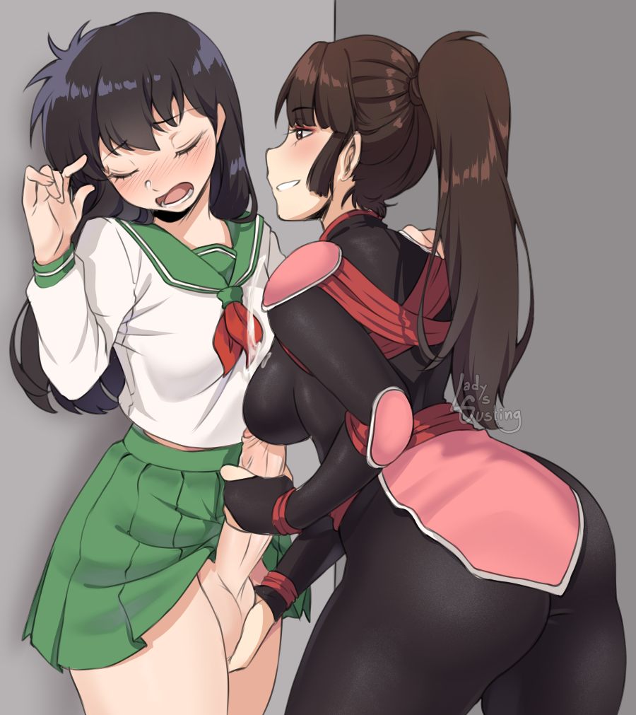 1futa 1girls armor artist_name ass big_ass black_bodysuit black_hair blush bodysuit breasts brown_eyes brown_hair caressing_testicles clothing cum cum_on_clothes dickgirl futa_balls futanari hand_on_another's_shoulder handjob hime_cut inuyasha kagome_higurashi ladysgusting large_penis large_testicles light-skinned_female light-skinned_futanari light_skin long_hair long_sleeves medium_breasts open_mouth ponytail sango school_uniform schoolgirl shoulder_armor simple_background skirt smile standing testicle_caress testicles uncensored yuri