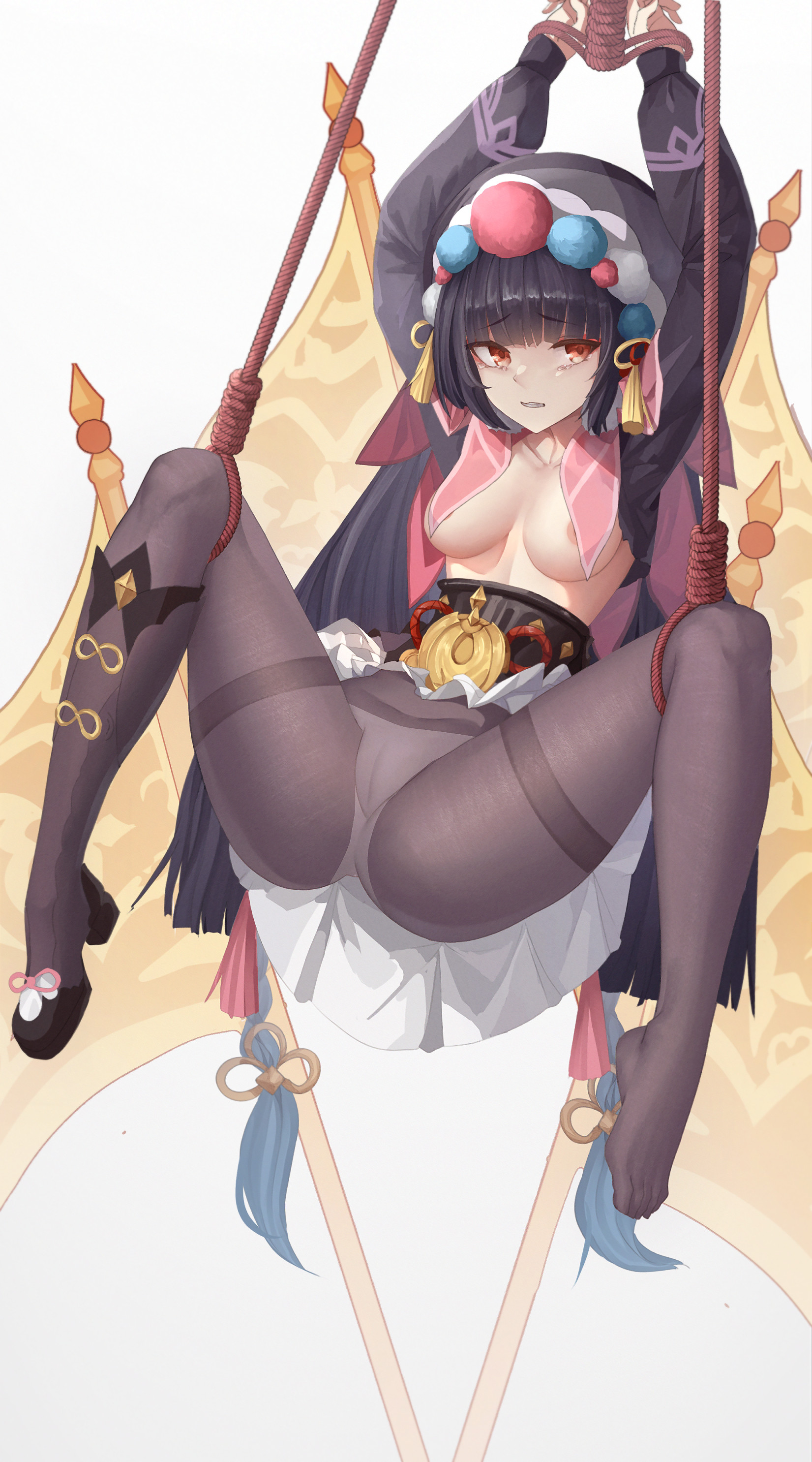 1girls, abs, absurd res, areola, areolae, arms up, ass, bangs, bdsm, bkyuuc, black hair, black leggings, black legwear, black pantyhose, bondage, breasts, clenched teeth, collarbone, feet, female, genshin impact, hands tied, hi res, highres, leggings, legs apart, legs spread, legs up, looking at viewer, midriff, panties, panties under pantyhose, pantyhose, pussy, pussy lips, restrained, rope, rope bondage, see-through, see-through clothing, small breasts, solo, spread legs, tears, teeth clenched, thick, thick ass, thick thighs, thighs, tied hands, toes, underboob, white background, white panties, yun jin (genshin impact)