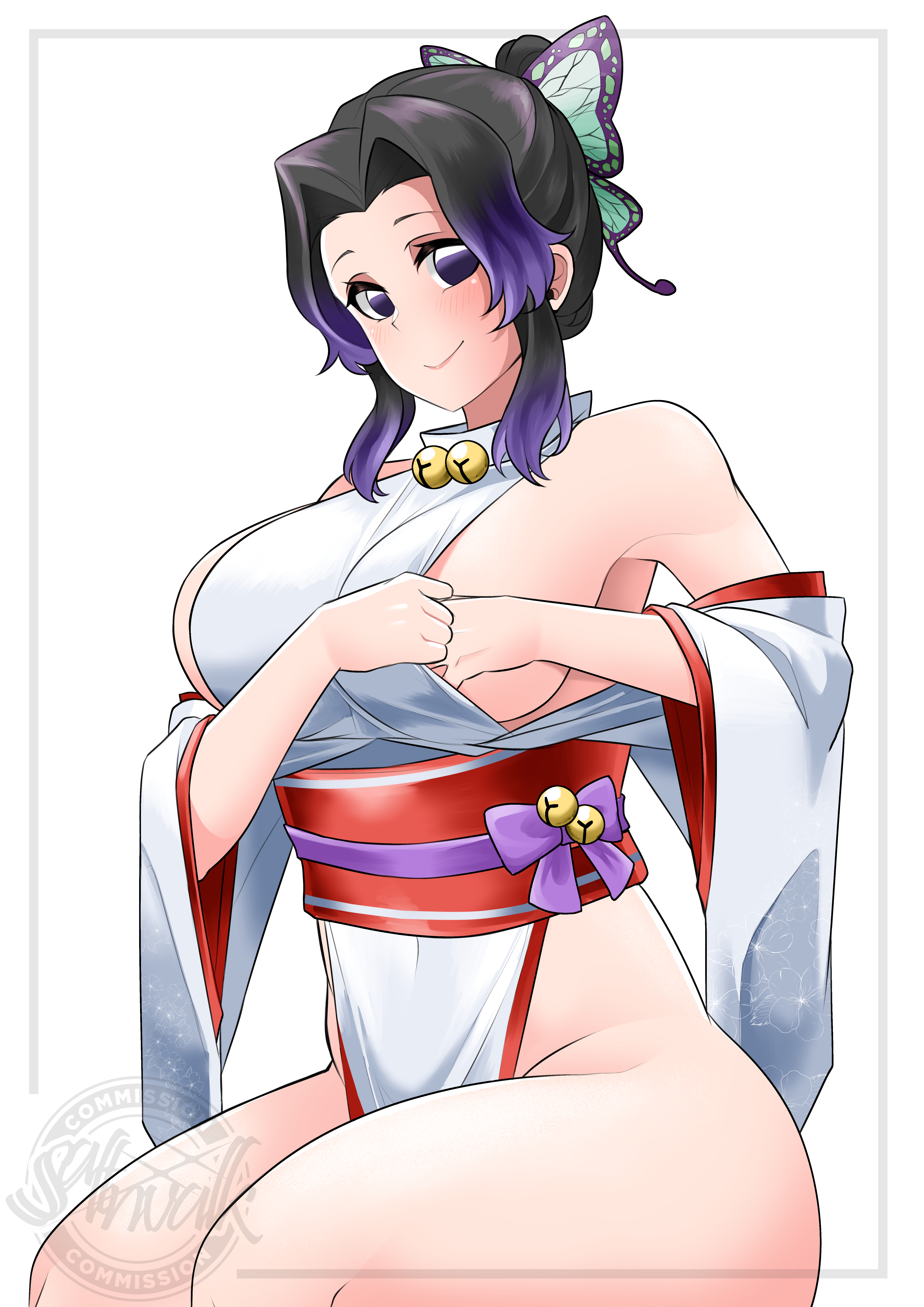 1girls, adjusting clothes, alternate costume, bare shoulders, big breasts, black hair, blush, breasts, butterfly hair ornament, demon slayer, detached sleeves, female, female only, hair bun, japanese clothes, kimetsu no yaiba, kochou shinobu, looking at viewer, no bra, no panties, obi, pelvic curtain, purple eyes, purple hair, purple-haired female, saltnvalk, side slit, sideboob, sidelocks, sitting, smile, solo, thick thighs, two-tone hair, wide sleeves