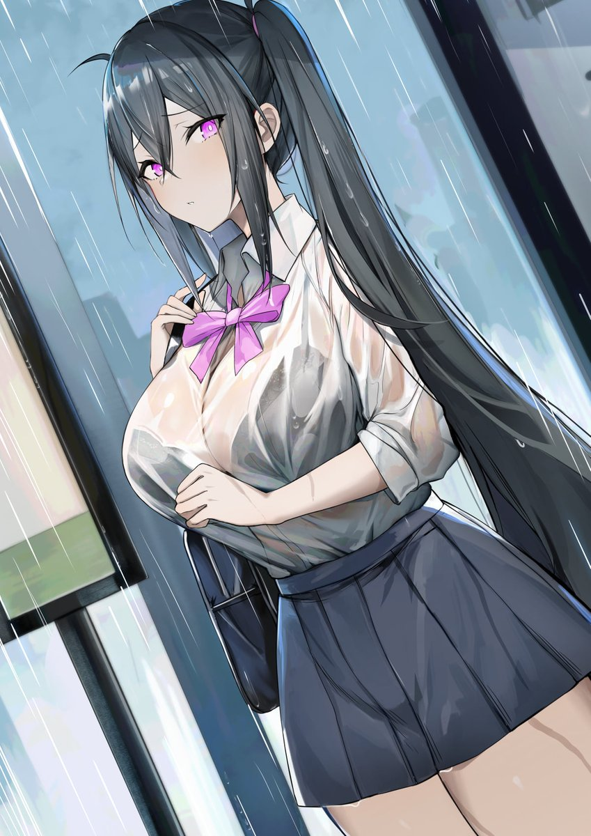 1girls black_bra black_hair bowtie bra bra_visible_through_clothes breasts bus_stop cleavage eyebrows_visible_through_hair female female_only hair large_breasts long_hair looking_at_viewer luse_maonang pink_eyes purse rain red_potato_rinrin school_uniform skirt soaked transparent_clothing very_long_hair wet_clothes yuuki_nanase_(red_potato_rinrin)