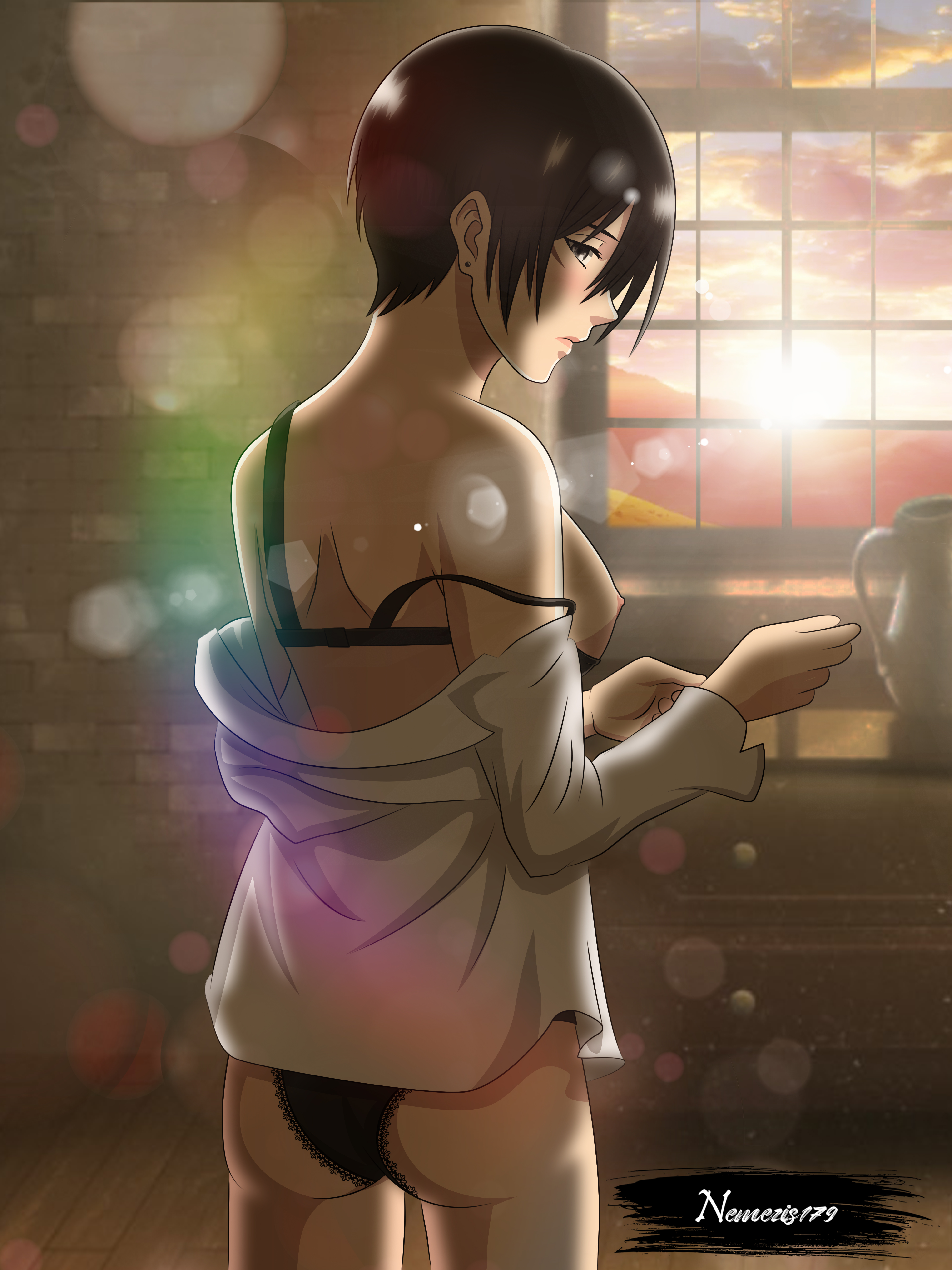 1girls, alternate version available, asian, asian female, ass, attack on titan, black hair, female, female only, mikasa ackerman, nemesis179, shingeki no kyojin, short hair, small ass, solo, sunset, uncensored