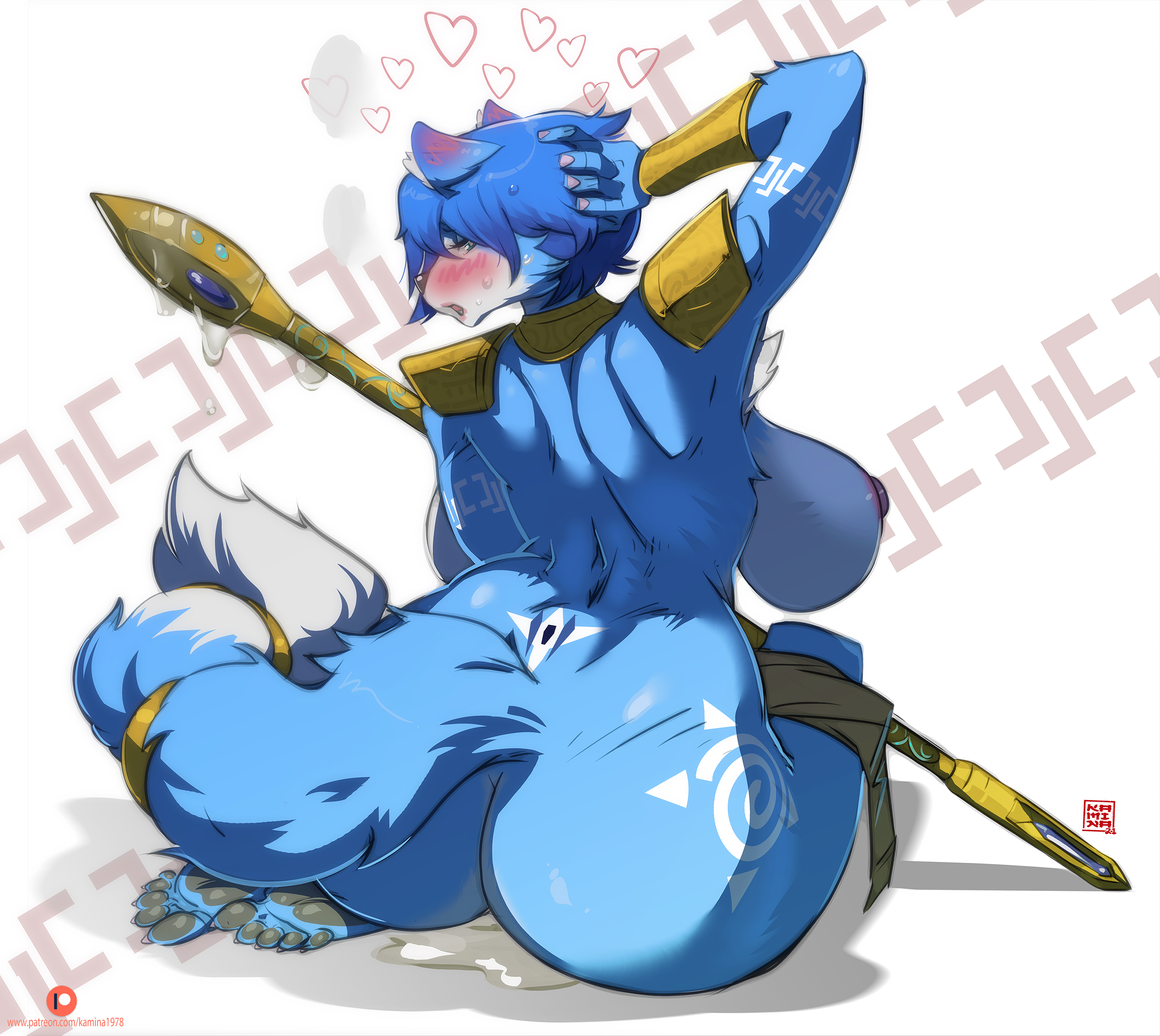 1girls, absurd res, anthro, ass, bare back, blue fur, blue hair, blush, breasts, female, female only, fox ears, fox girl, fox tail, furry, hi res, kamina1978, krystal, large breasts, no humans, pussy, pussy juice, sideboob, sitting, solo, staff, star fox, tail