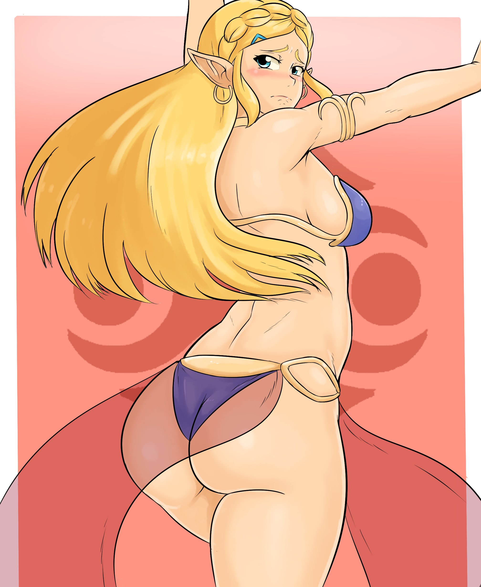 ass, belly dancer, belly dancer outfit, blonde hair, blush, breath of the wild, dancer, dancer outfit, dancing, embarrassed, female, harem girl, harem outfit, loincloth, looking back, nintendo, pointy ears, princess zelda, slave, slave bikini, slave outfit, the legend of zelda, zelda (breath of the wild), zeromomentai
