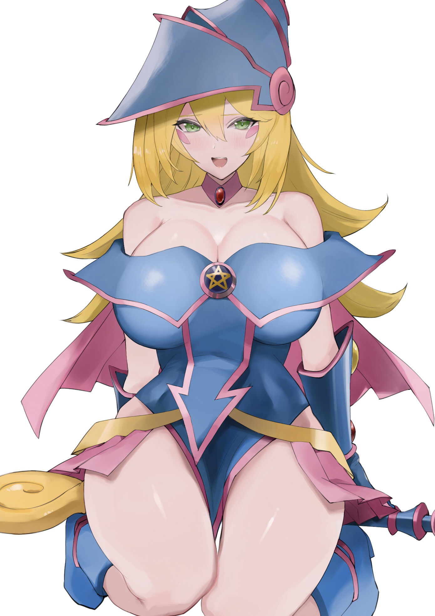 1girls, 2021, abs, bare shoulders, big breasts, blonde, blonde hair, blush, boots, breasts, clothed, clothed female, dark magician girl, female, female only, fully clothed, green eyes, headgear, headwear, hi res, high resolution, highres, kataku musou, looking at viewer, necklace, open mouth, simple background, smile, tagme, thick thighs, thighs, white background, yu-gi-oh!
