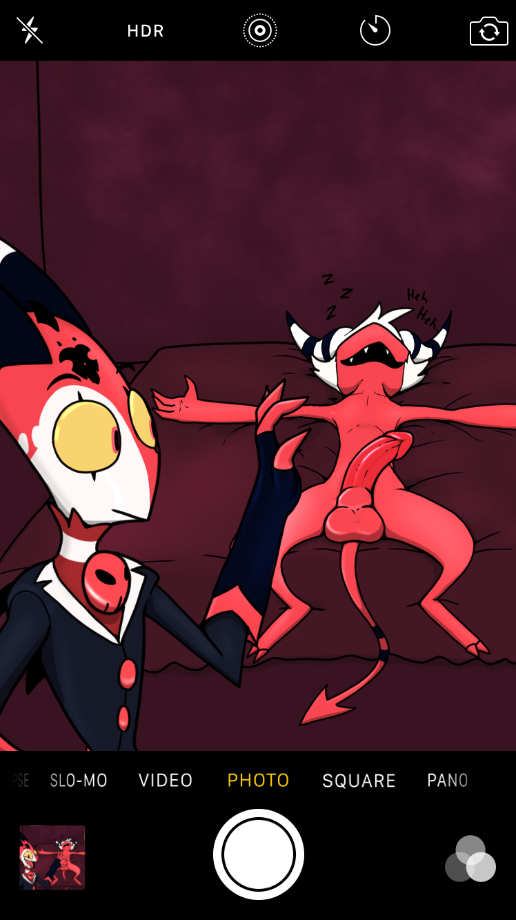 anthro balls blitzo_(helluva_boss) camera_view clothed clothing demon duo erect_while_sleeping erection genitals helluva_boss hi_res imp looking_at_genitalia looking_at_penis male male/male moxxie_(helluva_boss) nude penis red_body red_penis sleeping trashbadger yellow_sclera