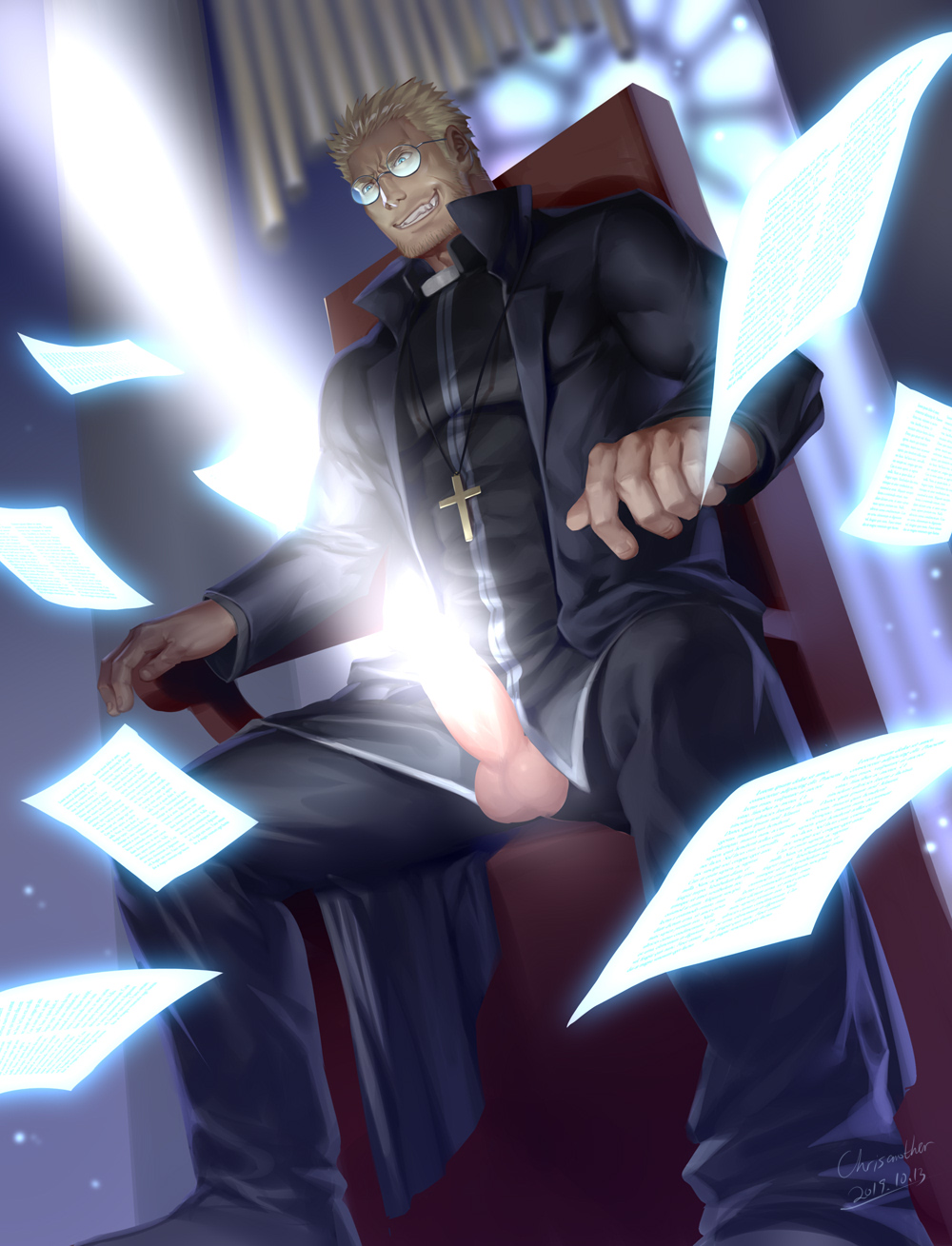 1boy alexander_anderson bara beard blonde_hair chrisanother covered_abs cross cross_necklace erection facial_hair fangs feet_out_of_frame glasses glowing glowing_crotch hellsing highres jewelry large_pectorals light_censor looking_at_viewer male_focus mature_male muscular muscular_male necklace on_chair pectorals penis penis_sword priest round_eyewear shirt short_hair sideburns sitting solo stubble testicles thighs tight tight_shirt weaponized_penis