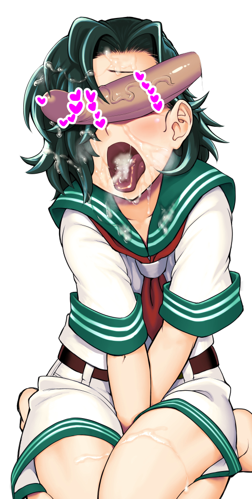 1boy bangs belt between_legs blush brown_belt censored collarbone commentary_request covered_eyes cum cum_in_mouth cum_on_legs dark_green_hair facial female green_hair hand_between_legs heart heart_censor kagehito minamitsu_murasa open_mouth penis penis_on_face red_neckwear sailor_collar sailor_shirt seiza shirt short_hair short_shorts short_sleeves shorts simple_background sitting thighs tongue tongue_out touhou veins veiny_penis white_background white_shorts