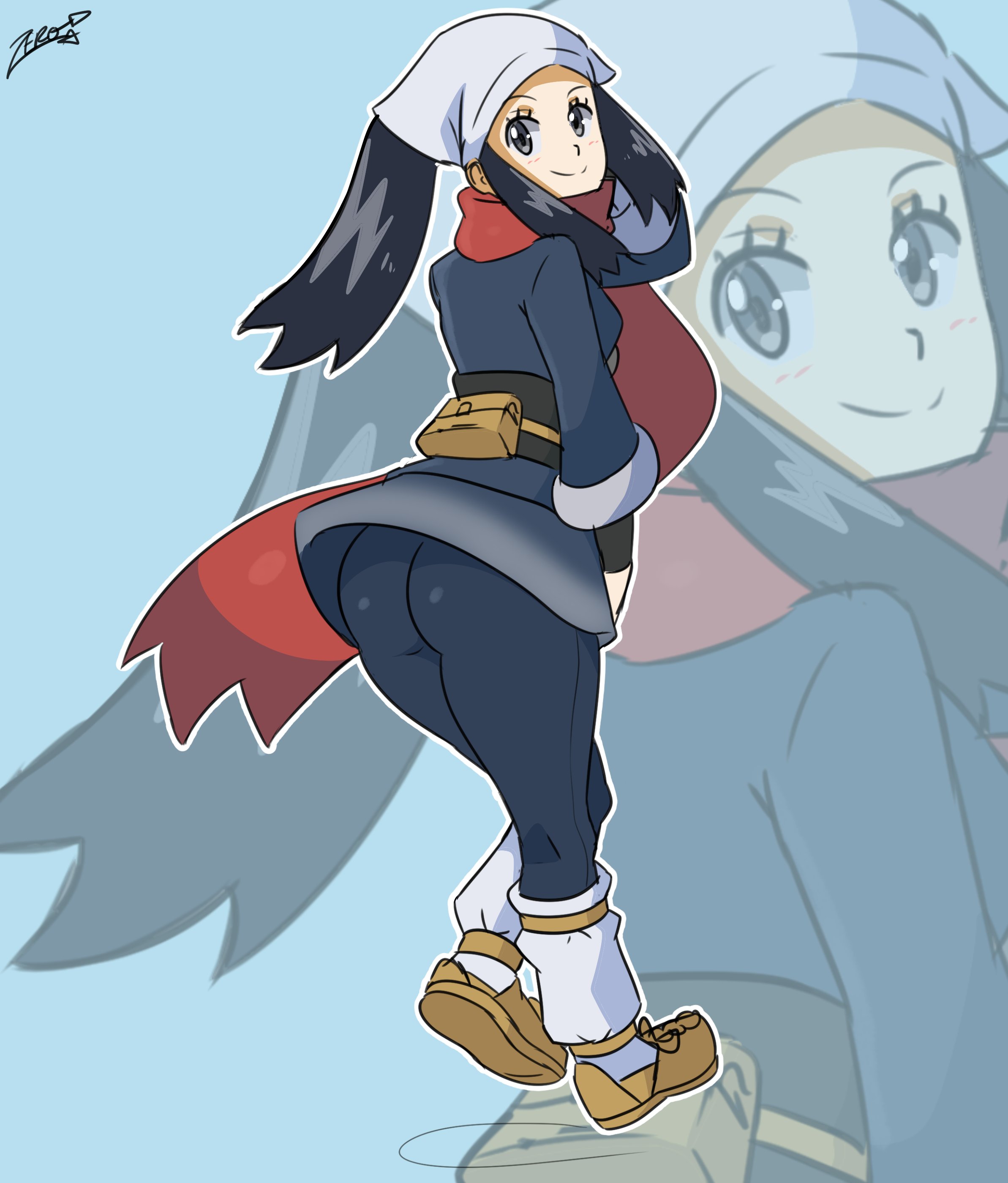 akari (pokemon), ass, female, game freak, loose socks, pokemon, pokemon legends: arceus, smile, socks, tights, white socks