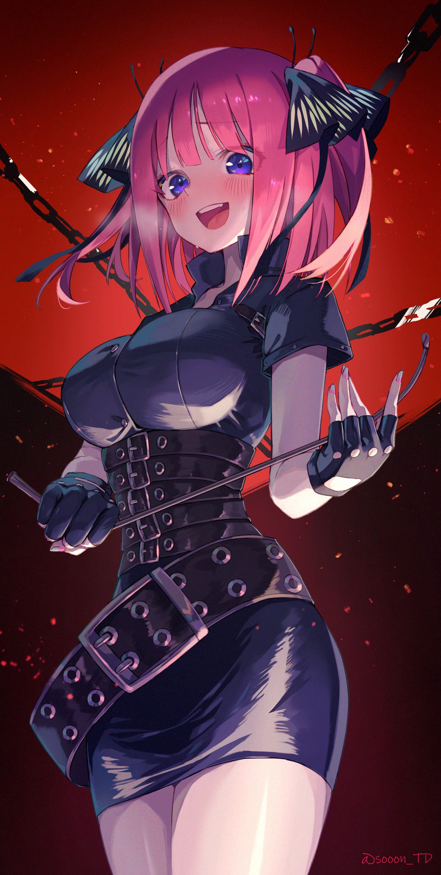 1girls, absurdres, bangs, bdsm, bdsm gear, belt, black belt, black dress, black gloves, black ribbon, blunt bangs, breasts, butterfly hair ornament, chains, dominatrix, dress, eyebrows visible through hair, female, fingerless gloves, foreshortening, gloves, go-toubun no hanayome, hair ornament, hair ribbon, heavy breathing, hi res, highres, holding, large breasts, looking at viewer, medium hair, multiple belts, nakano nino, open mouth, pink hair, purple eyes, raised eyebrows, red background, ribbon, riding crop, short sleeves, solo, sooon, sparkling eyes, teeth, thighs, twitter username, upper teeth, wide hips