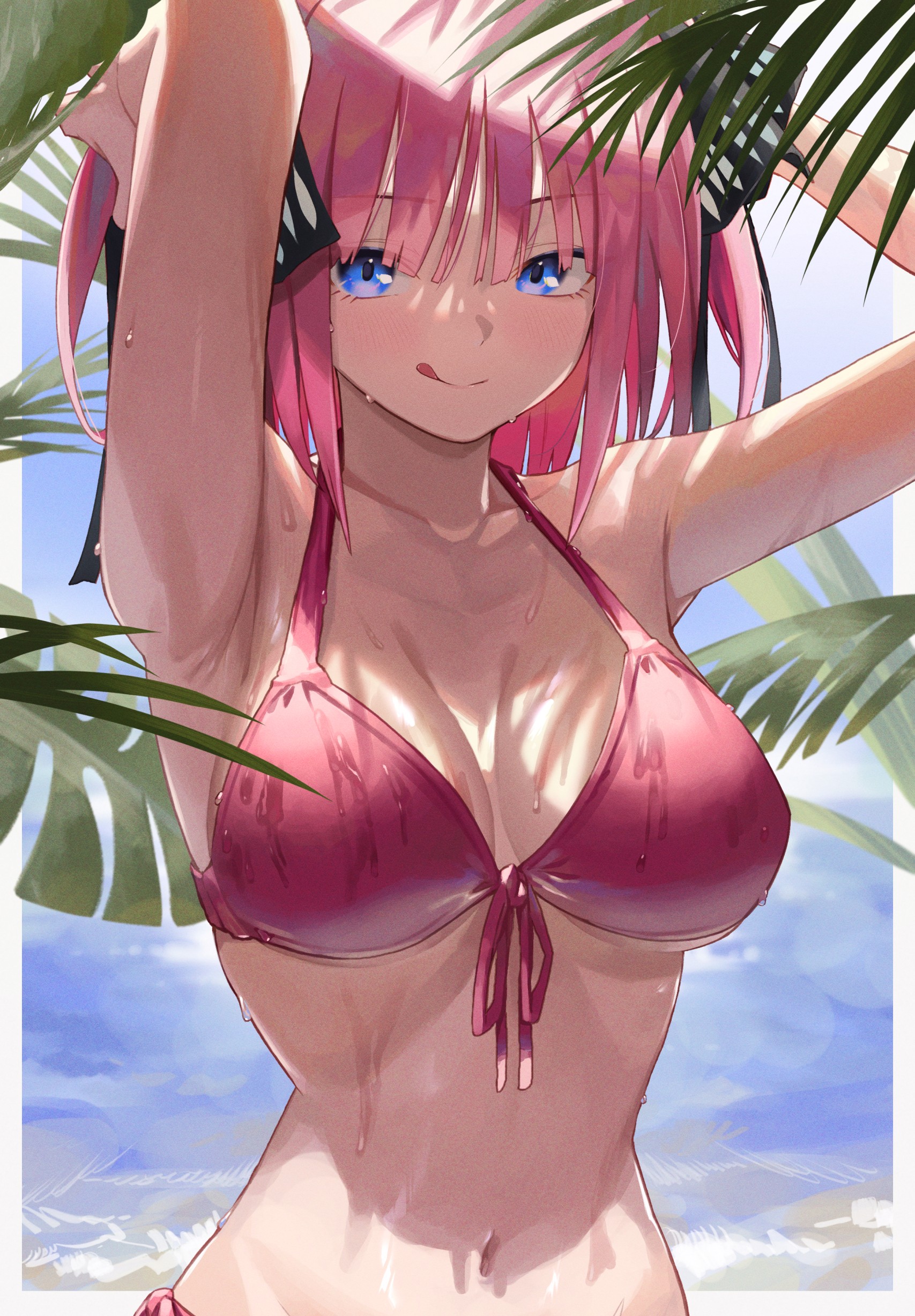 :q, 1girls, absurdres, armpits, arms up, bikini, blue eyes, blush, breasts, butterfly hair ornament, female, go-toubun no hanayome, hair ornament, hi res, highres, large breasts, licking lips, licking own lips, midriff, nakano nino, navel, ocean, palm tree, pink bikini, pink hair, side-tie bikini, solo, sooon, swimsuit, tongue, tongue out, tree, tropical, wet