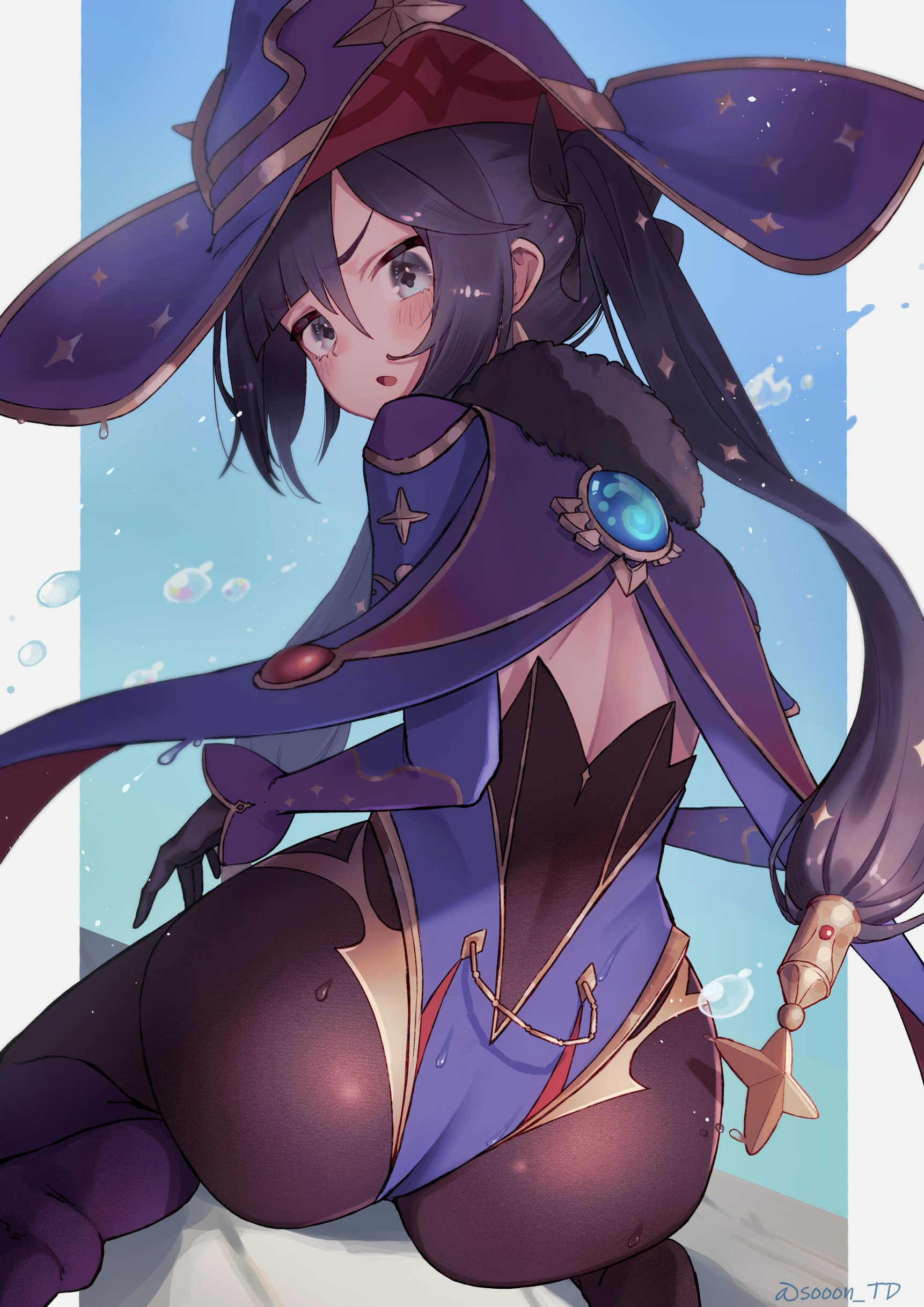 1girls, absurdres, annoyed, ass, black hair, black legwear, blue eyes, blush, cape, detached sleeves, elbow gloves, embarrassed, female, from behind, genshin impact, gloves, green eyes, hair ornament, hat, hi res, highres, leotard, long hair, looking at viewer, looking back, mona (genshin impact), open mouth, pantyhose, shiny, shiny clothes, shiny hair, sitting, solo, sooon, twintails, very long hair, water, water drop