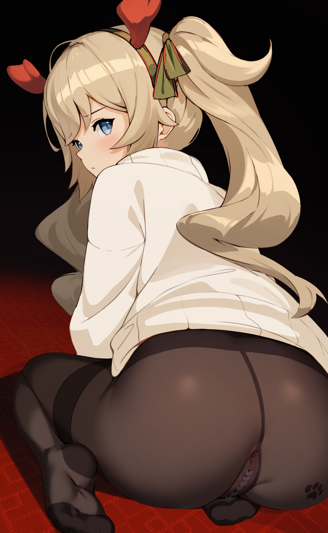 anus, ass, barbara (genshin impact), black legwear, blonde hair, blue eyes, bubble ass, bubble butt, censored, ett, feet, female, genshin impact, leggings, looking at viewer, no panties, nun, pantyhose, paws, pussy, see-through, see-through clothing, sweater, twintails
