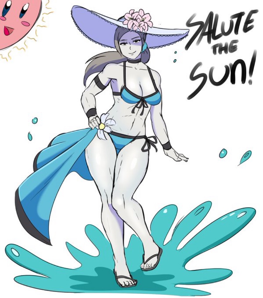 1girls, athletic female, bikini, breasts, cleavage, female, flip flops, hand on hip, hat, kirby, kirby (series), looking at viewer, medium breasts, nintendo, ponytail, sandals, smile, solo, solo focus, swimsuit, swimwear, toned, water, white body, white skin, wide hips, wii fit, wii fit trainer, wii fit trainer (female), zeromomentai