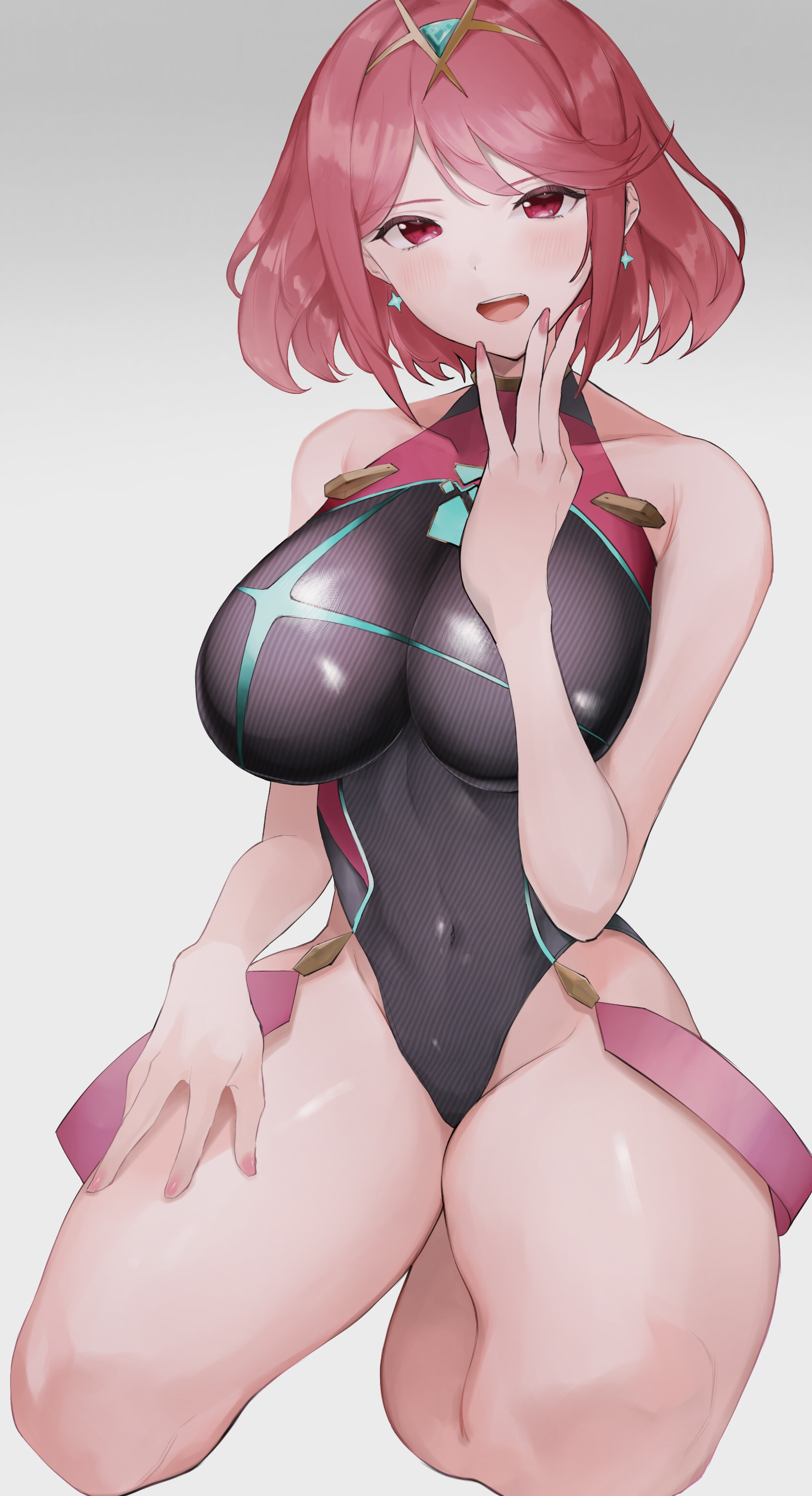 1girls, 2021, alternate costume, bare legs, bare shoulders, belly, belly button, big breasts, blush, breasts, clothed, clothed female, earrings, female, female only, grey background, headwear, hi res, high resolution, highres, kataku musou, kneeling, navel, nintendo, open mouth, pyra, red eyes, red hair, short hair, simple background, smile, solo, swimsuit, thick thighs, thighs, tight clothing, xenoblade (series), xenoblade chronicles 2