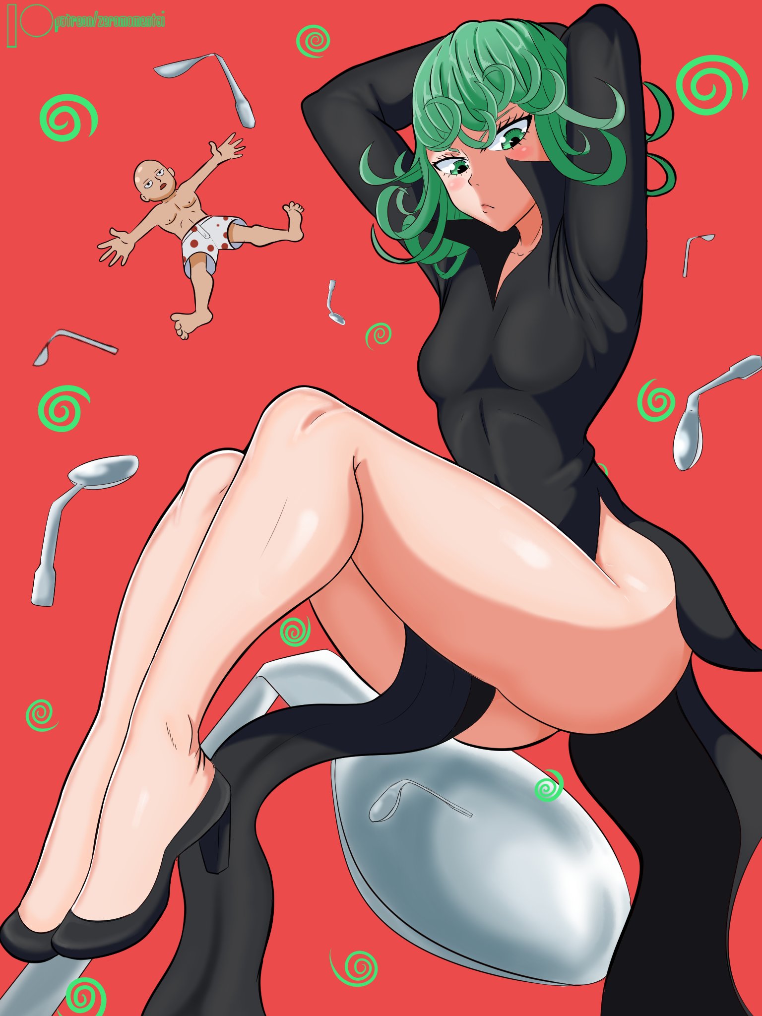 1boy, 1girls, arms behind head, arms up, ass, bald, big ass, blush, breasts, clothed, clothing, dress, female, female focus, green eyes, green hair, high heels, legs, looking down, male, medium hair, one-punch man, saitama, short hair, small breasts, spoon, tatsumaki, zeromomentai