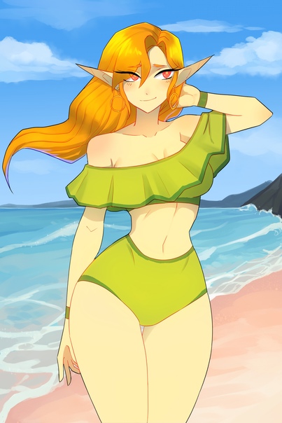 beach blushed brawlhalla eirlys elf_ears ember_(brawlhalla) green_bikini orange_hair pointy_ears red_eyes sea smiling summer