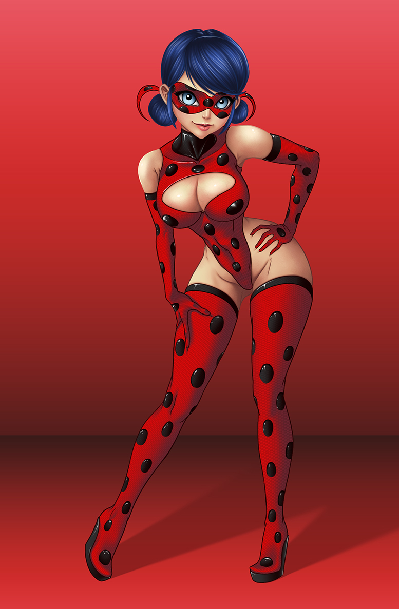 1girls, ass, breasts, cleavage, elbow gloves, female, female only, hair ribbon, high heels, highleg leotard, ladybug (character), large ass, large breasts, leotard, lips, marinette cheng, marinette dupain-cheng, miraculous ladybug, solo, thigh boots, thighhighs, thighs, twintails, wedge heels, wide hips