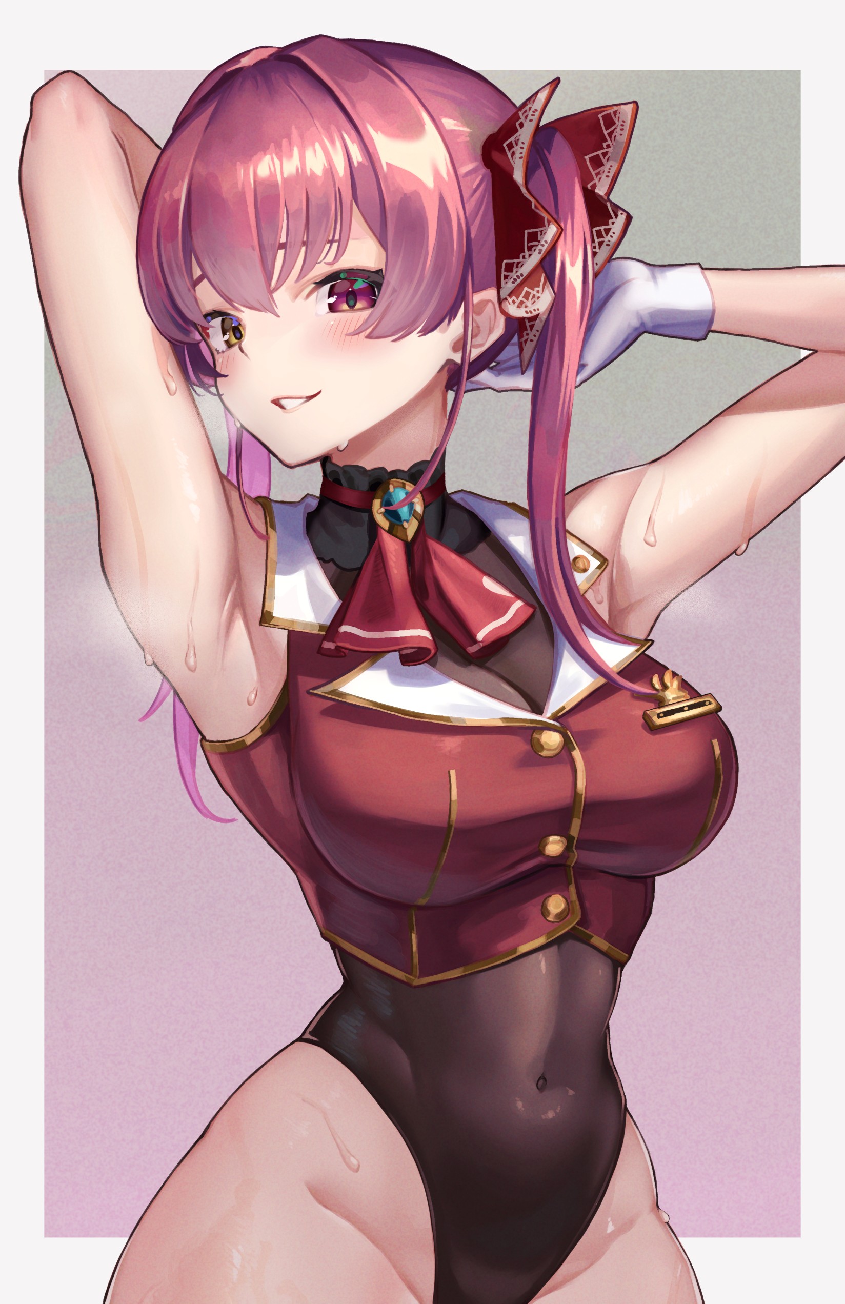 1girls, absurdres, armpits, blush, border, breasts, covered navel, female, gloves, heterochromia, highres, hololive, hololive fantasy, hololive japan, houshou marine, large breasts, leotard, leotard under clothes, long hair, looking at viewer, outside border, purple hair, red eyes, smile, solo, sooon, sweat, twintails, virtual youtuber, white border, white gloves, yellow eyes