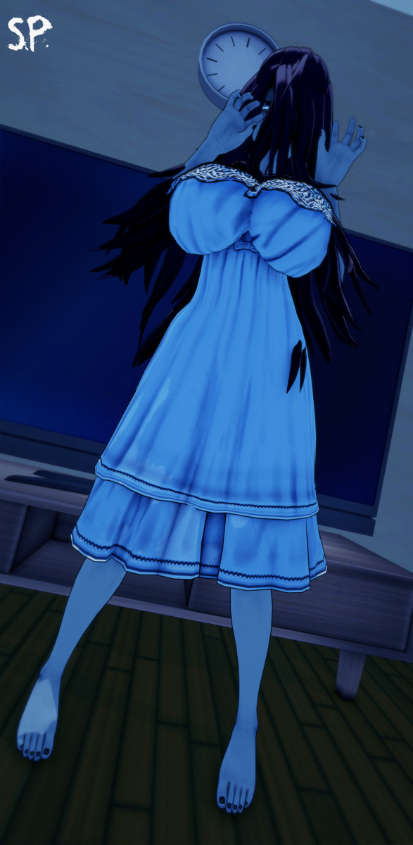 1girls, 3d, 3d (artwork), big breasts, black hair, blue body, blue skin, boobs, breasts, feet, female, female focus, female only, ghost, huge breasts, large breasts, long hair, monster, monster girl, nail polish, sic phuck, solo, solo female, solo focus, the ring, yamamura sadako