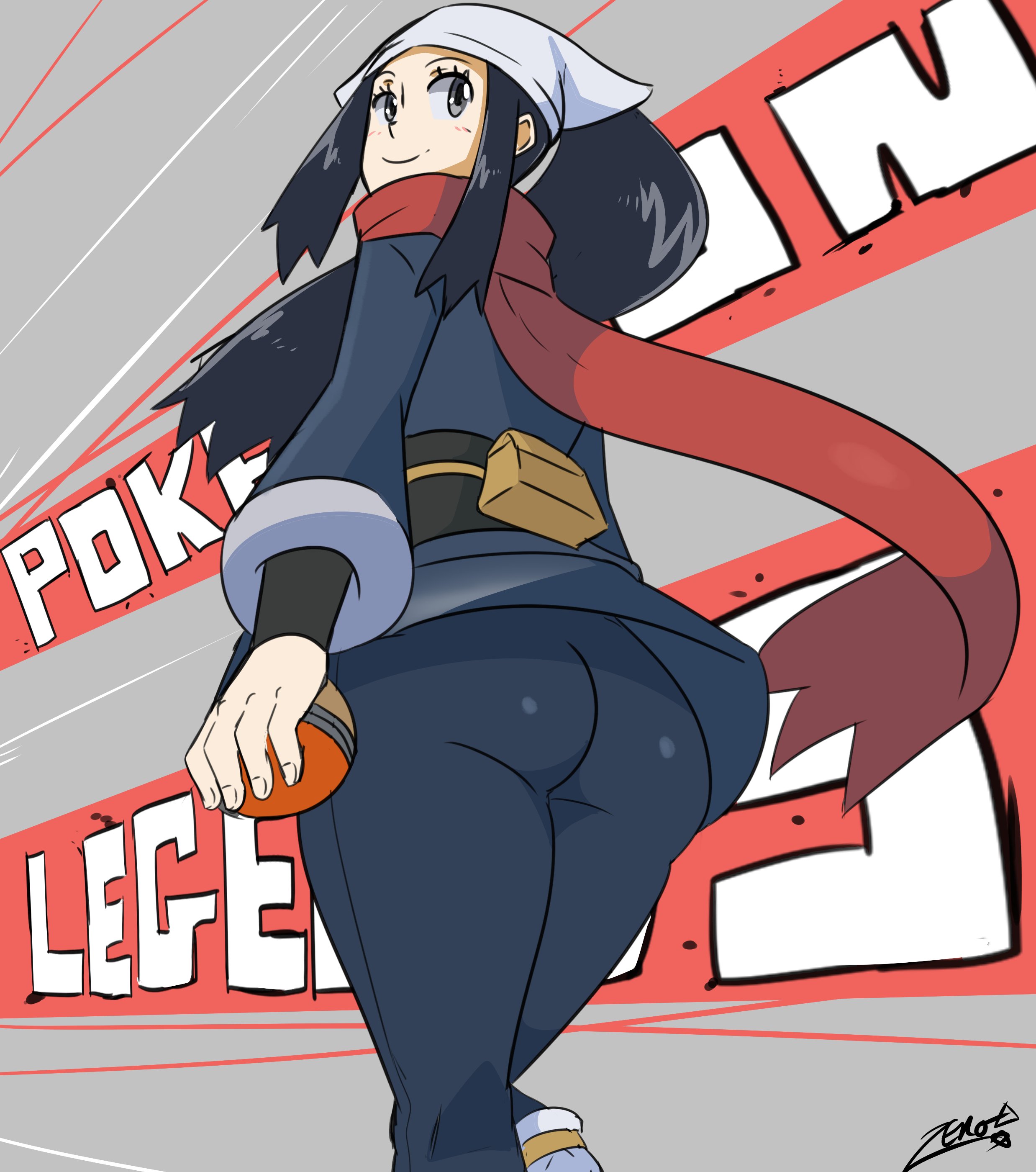 1girls, akari (pokemon), ass, clothed, clothing, female, female only, grey eyes, human, human only, long hair, pokemon, pokemon legends: arceus, smile, solo, tights, upskirt, zeromomentai