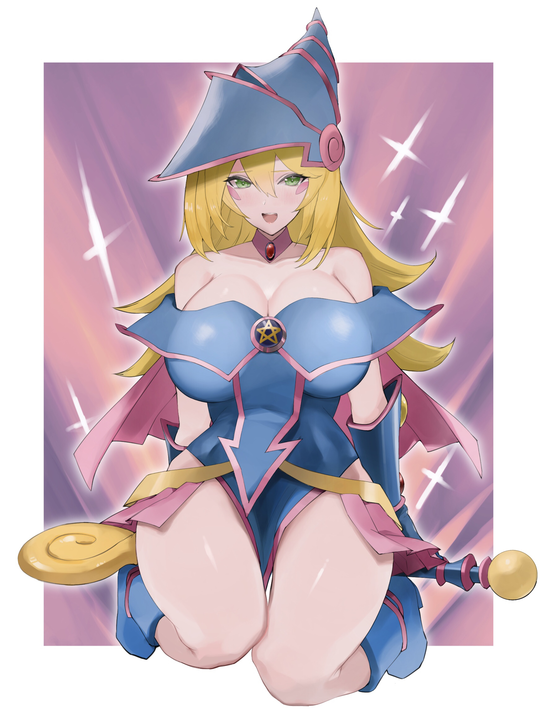 1girls, 2021, abs, bare shoulders, big breasts, blonde, blonde hair, blush, boots, breasts, clothed, clothed female, dark magician girl, female, female only, fully clothed, green eyes, headgear, headwear, hi res, high resolution, highres, kataku musou, looking at viewer, necklace, open mouth, smile, tagme, thick thighs, thighs, white background, yu-gi-oh!