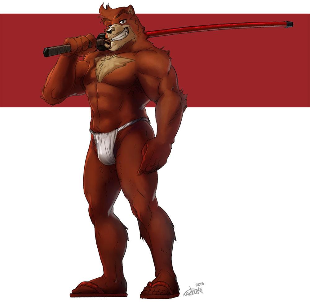 anthro bara barazoku beast black_nose bulge chest_tuft fundoshi fundoshi_only furry gay kumatetsu male male_only muscles muscular red_body red_fur solo the_boy_and_the_beast weapon_over_shoulder xantouke