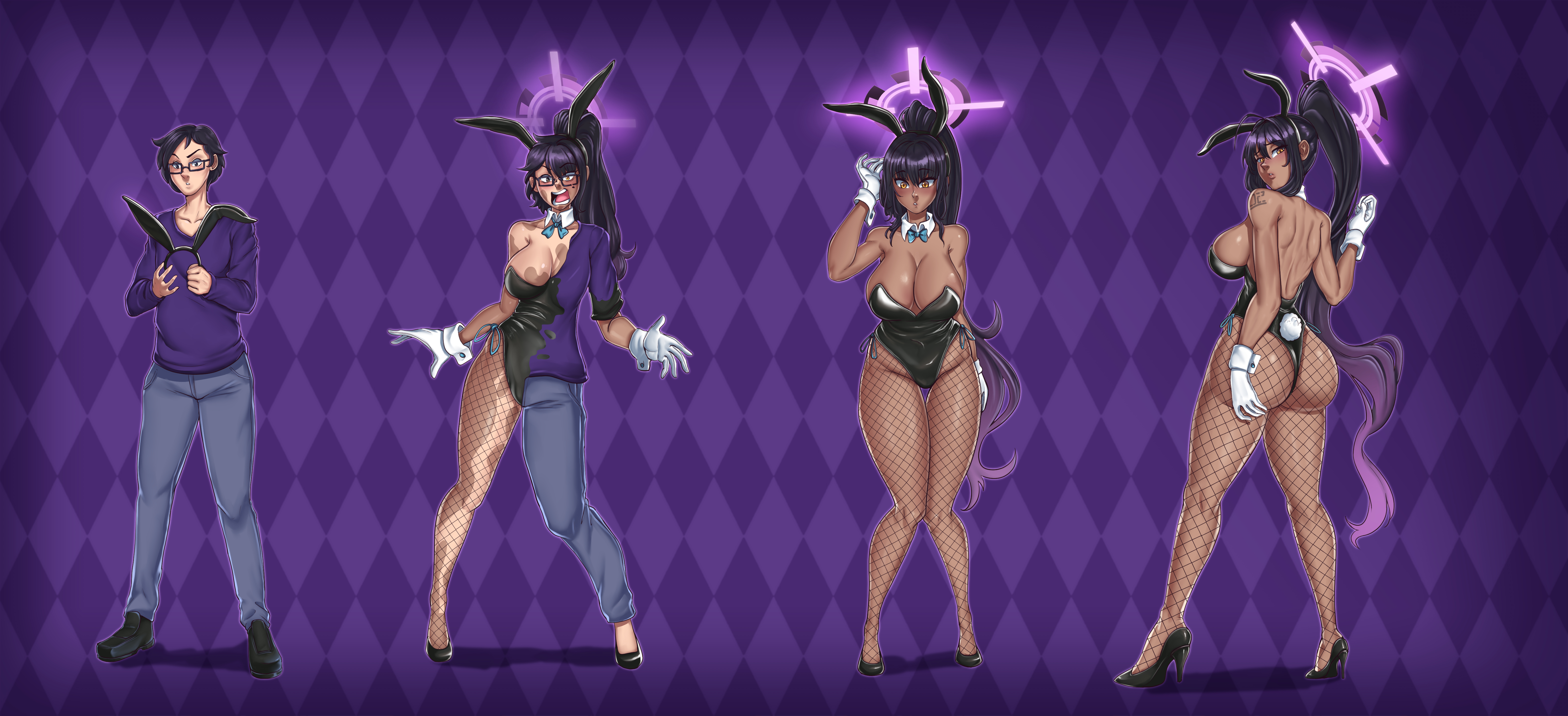 ass, ass expansion, breast expansion, breast growth, breast growth (enlargement), breasts, bunny girl, female, fishnets, gender transformation, hair growth, high heels, large ass, large breasts, leotard, lip expansion, mtf transformation, thick thighs, transformation, transformation sequence, vedtomd
