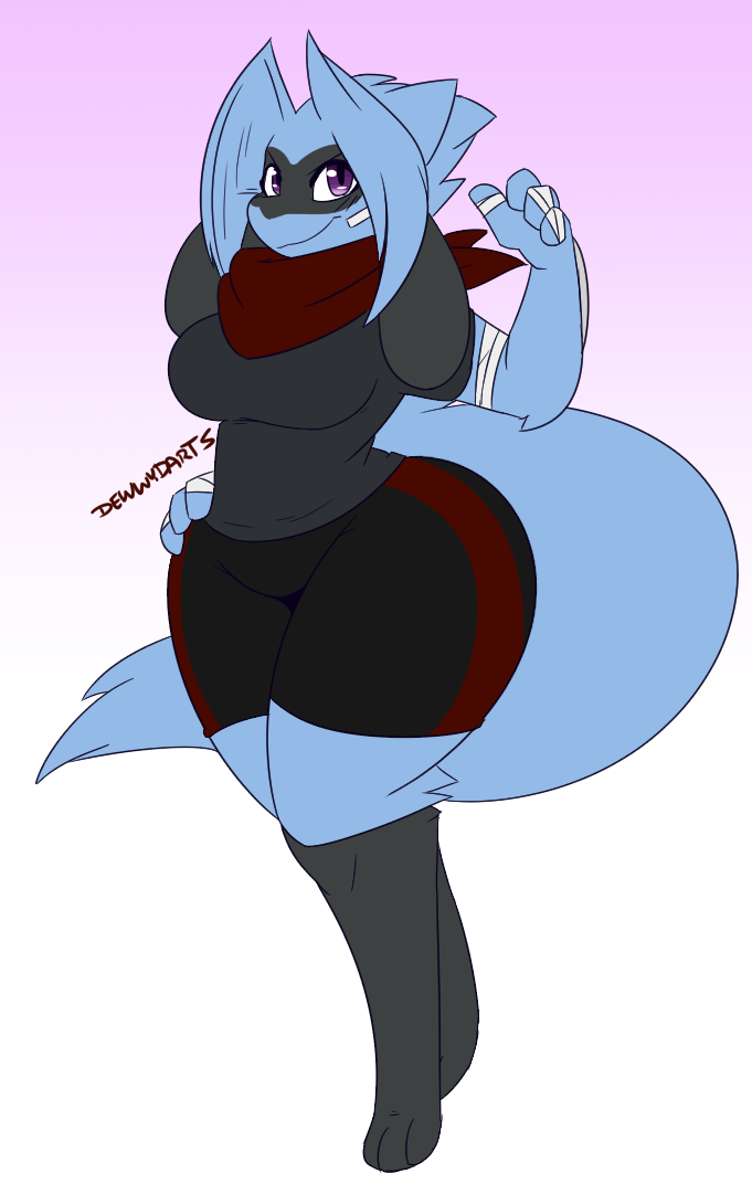 big_breasts dewwydartz female furry hand_on_hip may_(dewwydartz) pokémon_(species) pokemon riolu tagme thick_thighs