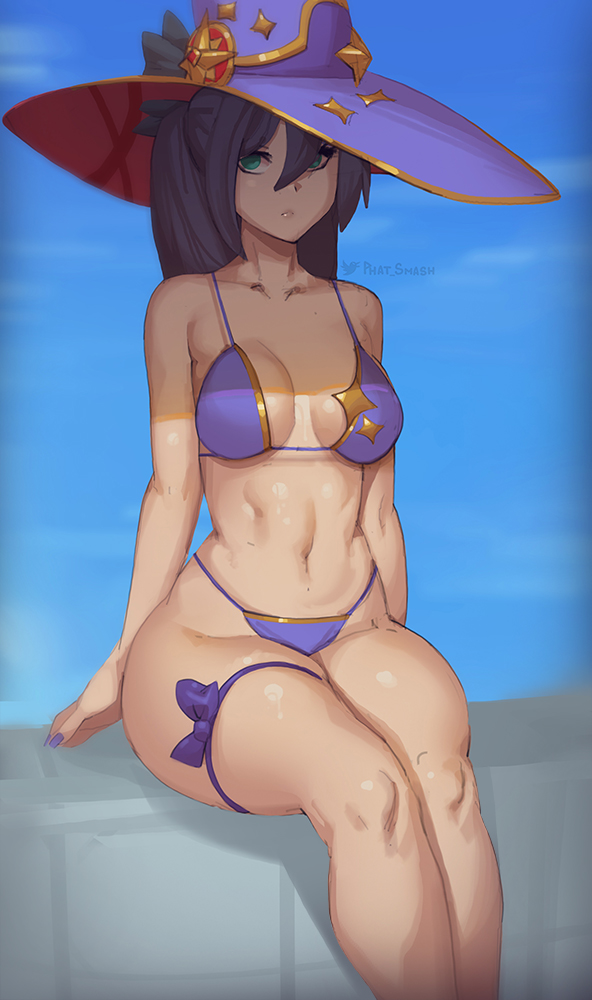 1girls, 2021, alternate breast size, belly button, bikini, black hair, breasts, disinterested, emotionless, empty eyes, expressionless, female, female only, genshin impact, green eyes, hat, hips, large breasts, large hat, long hair, mona (genshin impact), phat smash, purple bikini, simple background, slim waist, thick thighs, thighs, twintails, wide hips, witch hat