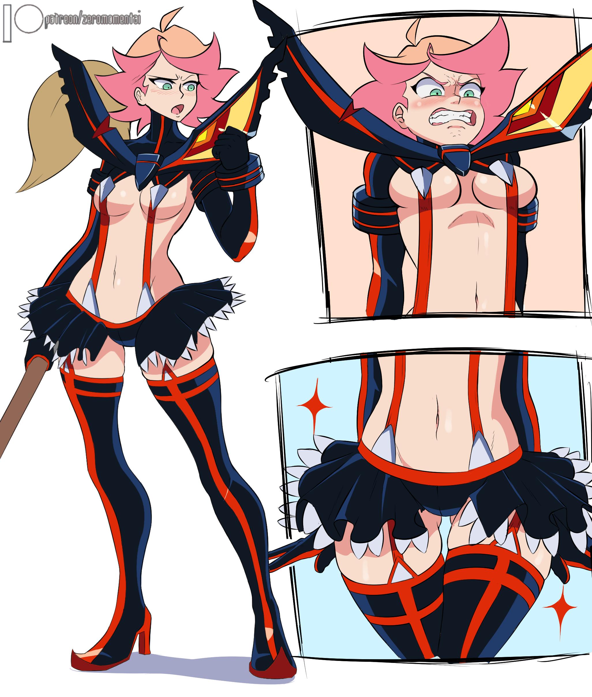 1girls, alternate costume, amanda o'neill, angry, black clothing, black legwear, blush, cosplay, embarrassed, exposed belly, female, female only, green eyes, high heels, holding object, humiliated, humiliation, kill la kill, little witch academia, living clothes, looking at partner, matoi ryuuko (cosplay), multicolored hair, orange hair, red hair, scantily clad, seductive pose, senketsu, skirt, solo, tight clothing, unhappy female, zeromomentai
