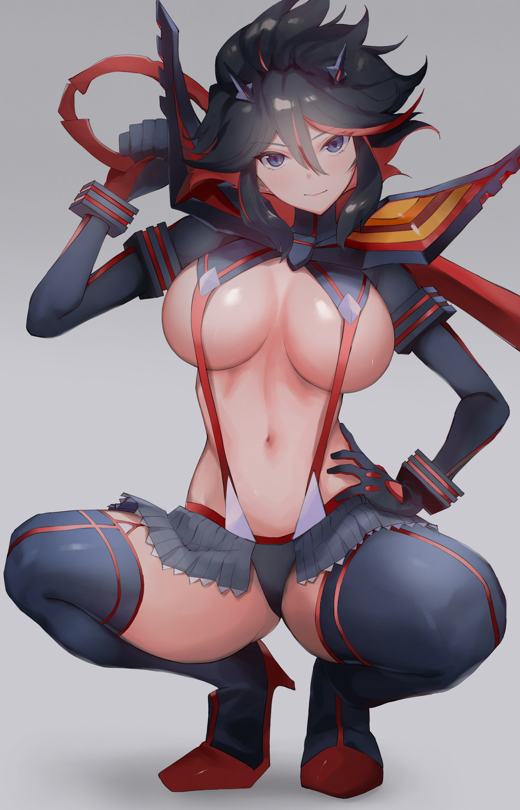 1girls, 2021, barely clothed, belly, belly button, big breasts, black hair, black-haired female, blue eyes, breasts, clothed, clothed female, crouching, female, female only, grey background, hi res, high heels, high resolution, highres, holding object, holding weapon, kataku musou, kill la kill, living clothes, looking at viewer, matoi ryuuko, navel, senketsu, short hair, shoulder pads, sideboob, simple background, skirt, smile, sword, tagme, thick thighs, thighs, tomboy, underboob, weapon
