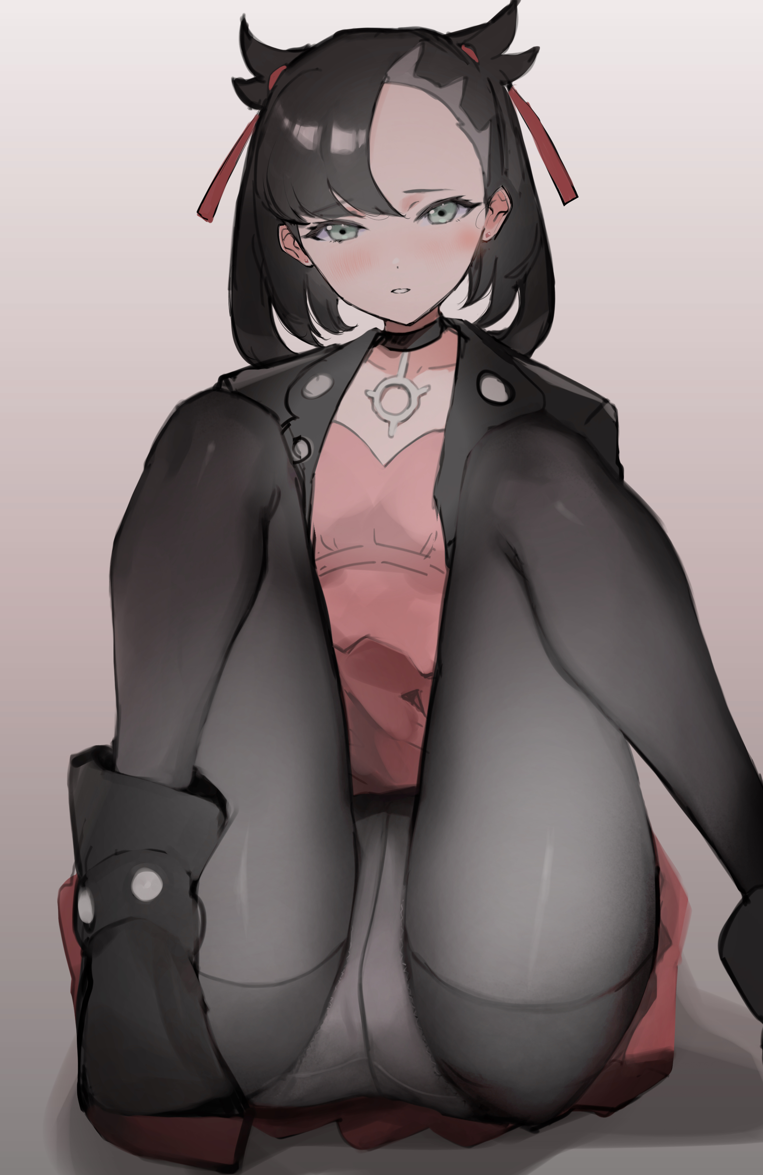 1girls, 2020s, 2021, black hair, blue eyes, blush, boots, clothed, clothed female, dark hair, female, female only, flat chest, fully clothed, grey background, hi res, high resolution, highres, jacket, kataku musou, looking at viewer, marnie (pokemon), necklace, nintendo, panties, panties under pantyhose, pantyhose, pink dress, pokemon, pokemon ss, ribbon, short hair, simple background, sitting, thighs, white panties