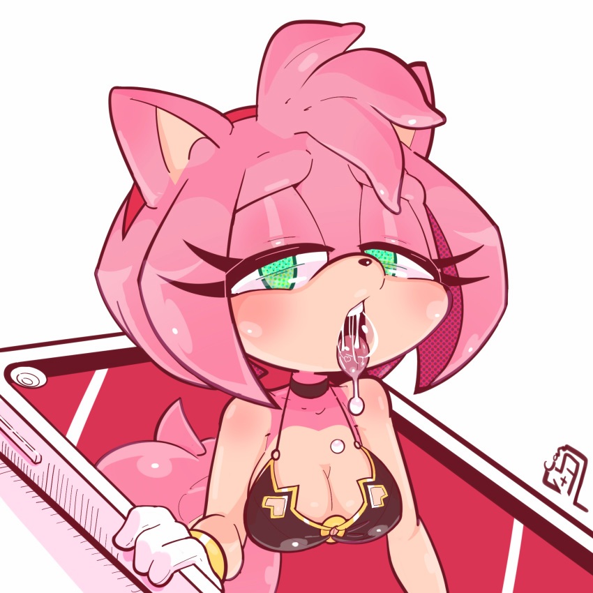 ahe gao, amy rose, bikini, clothing, female, green eyes, o-ring, o-ring bikini, phone, phone screen, pink fur, pink hair, sonic (series)